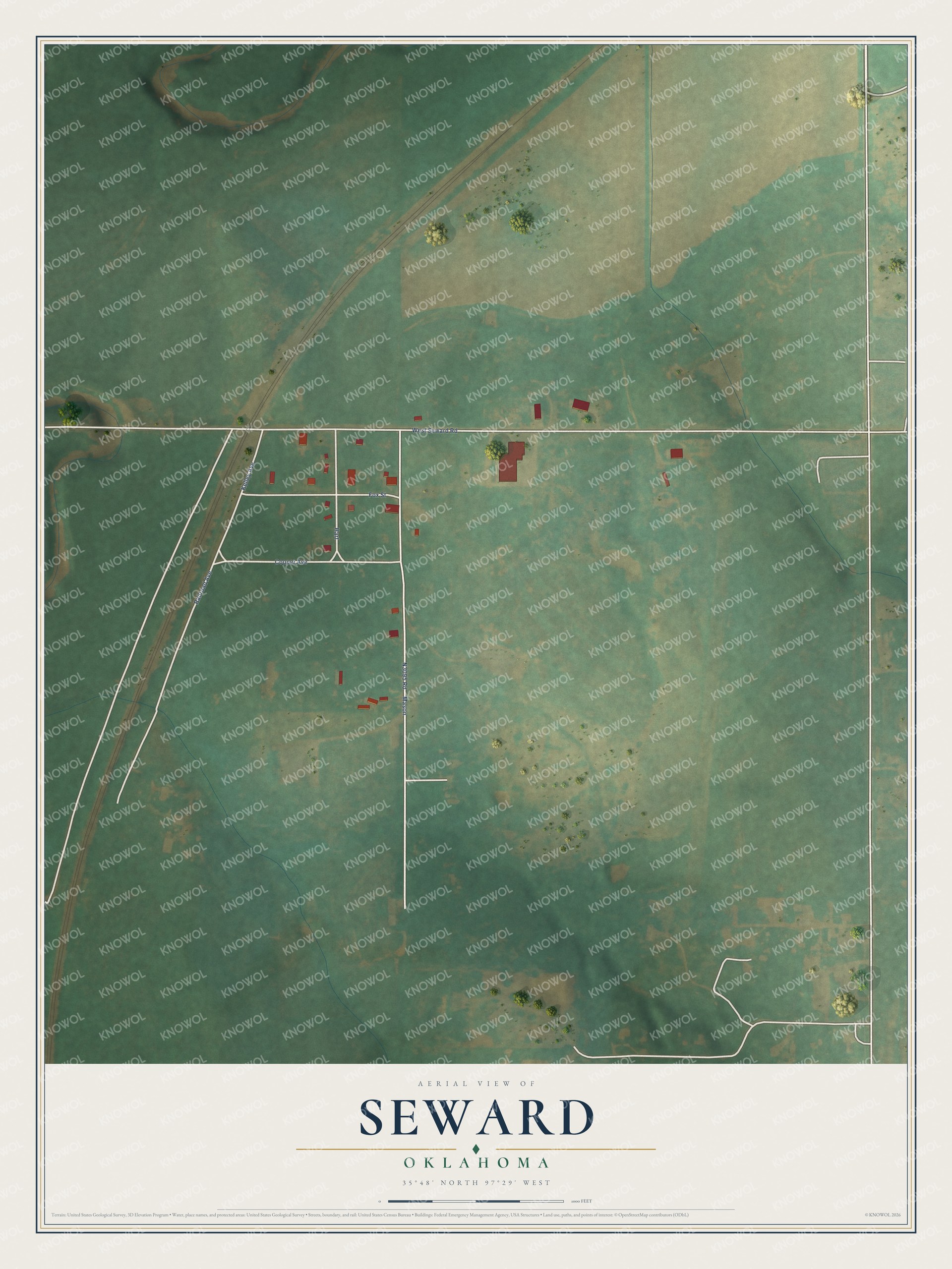 Full map of Seward, Oklahoma, with red buildings, printed street names and the land around them