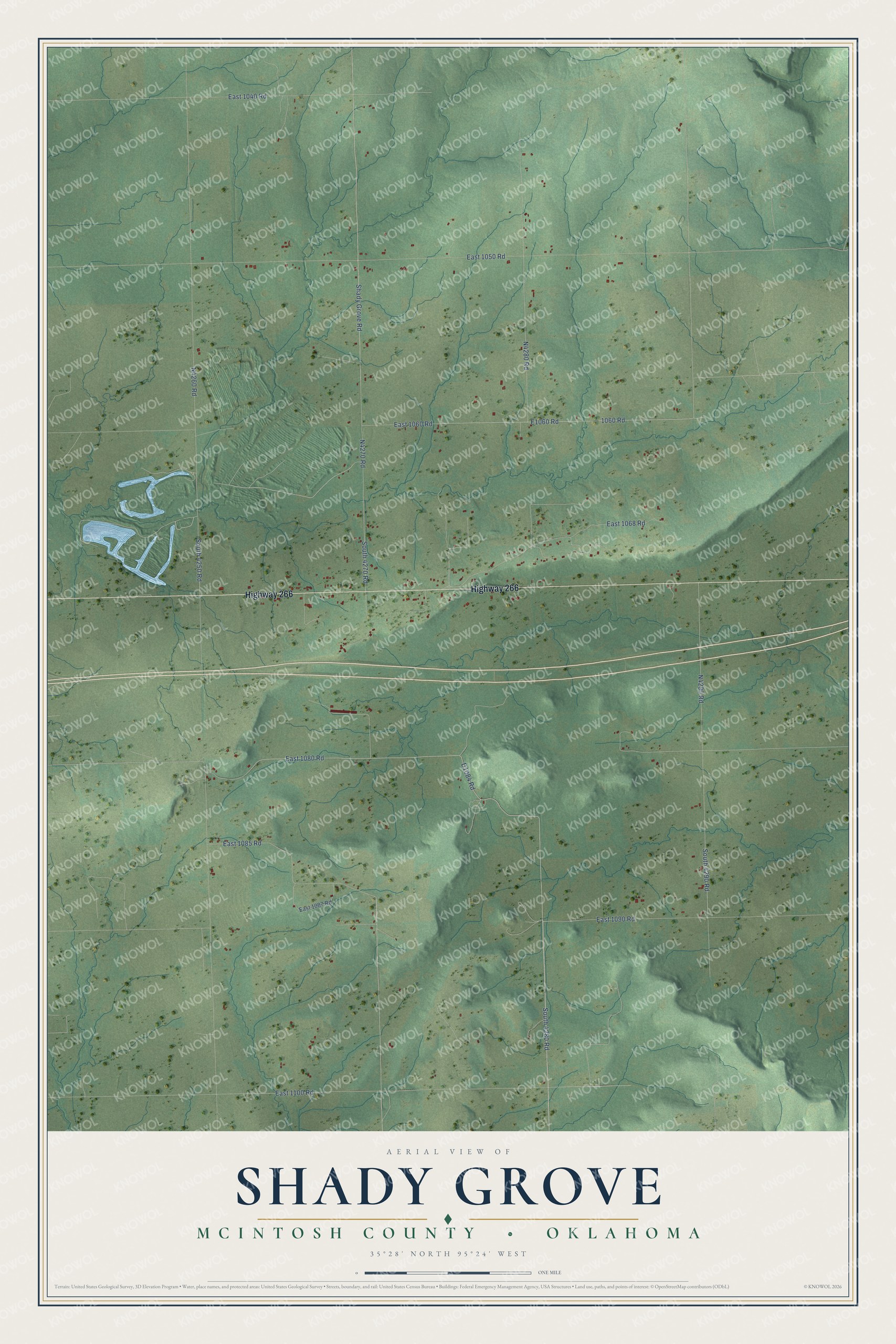 Full map of Shady Grove, Oklahoma, with red buildings, printed street names and the land around them