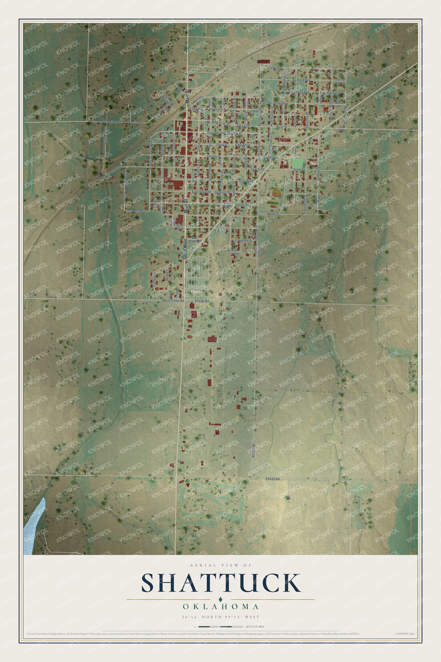 Full map of Shattuck, Oklahoma, with red buildings, printed street names and the land around them