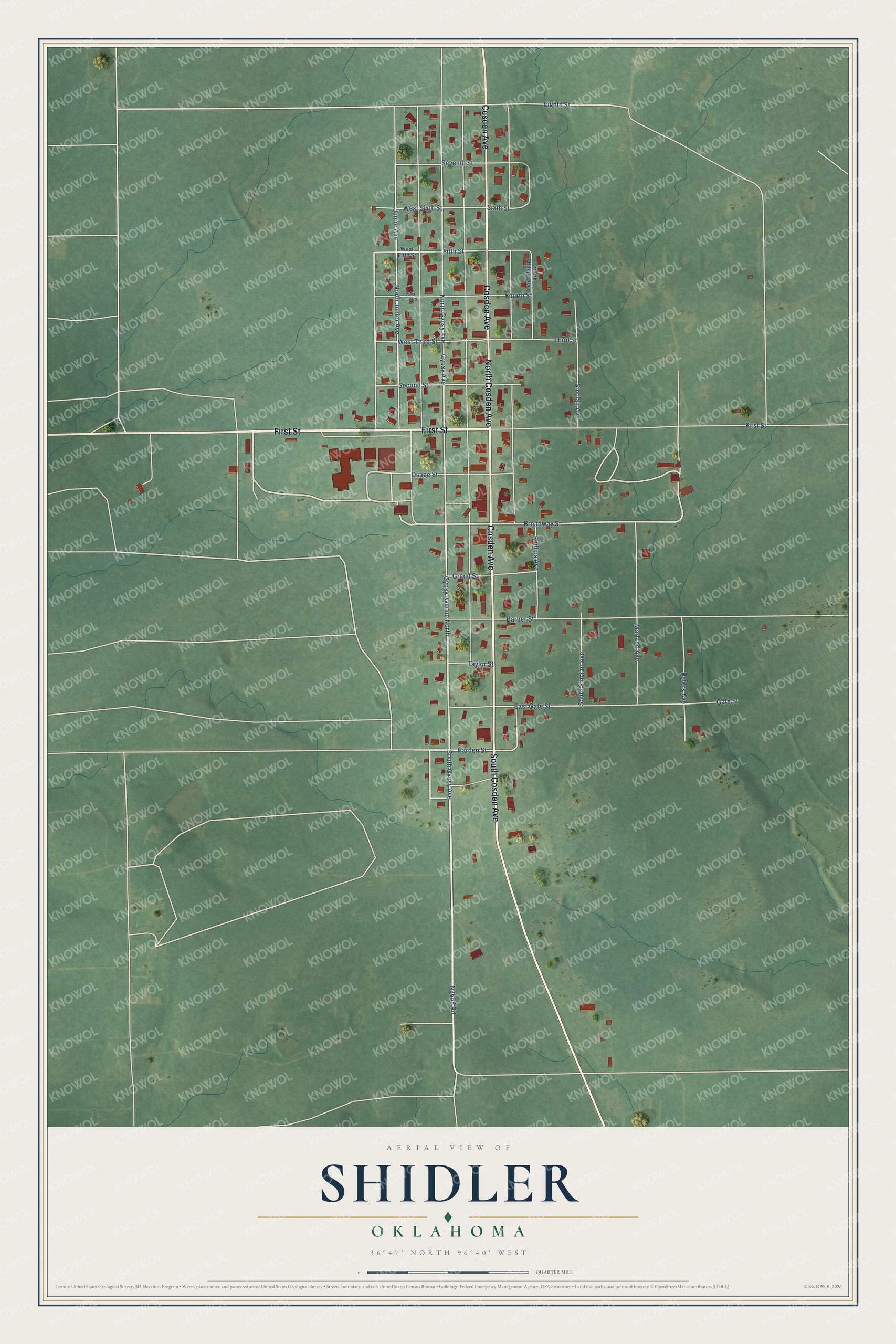 Full map of Shidler, Oklahoma, with red buildings, printed street names and the land around them