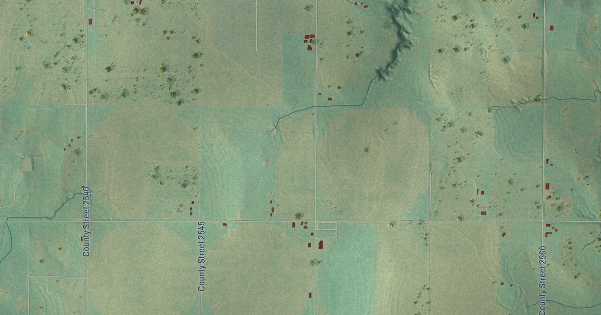 Close-up of streets and buildings in Sickles, Oklahoma