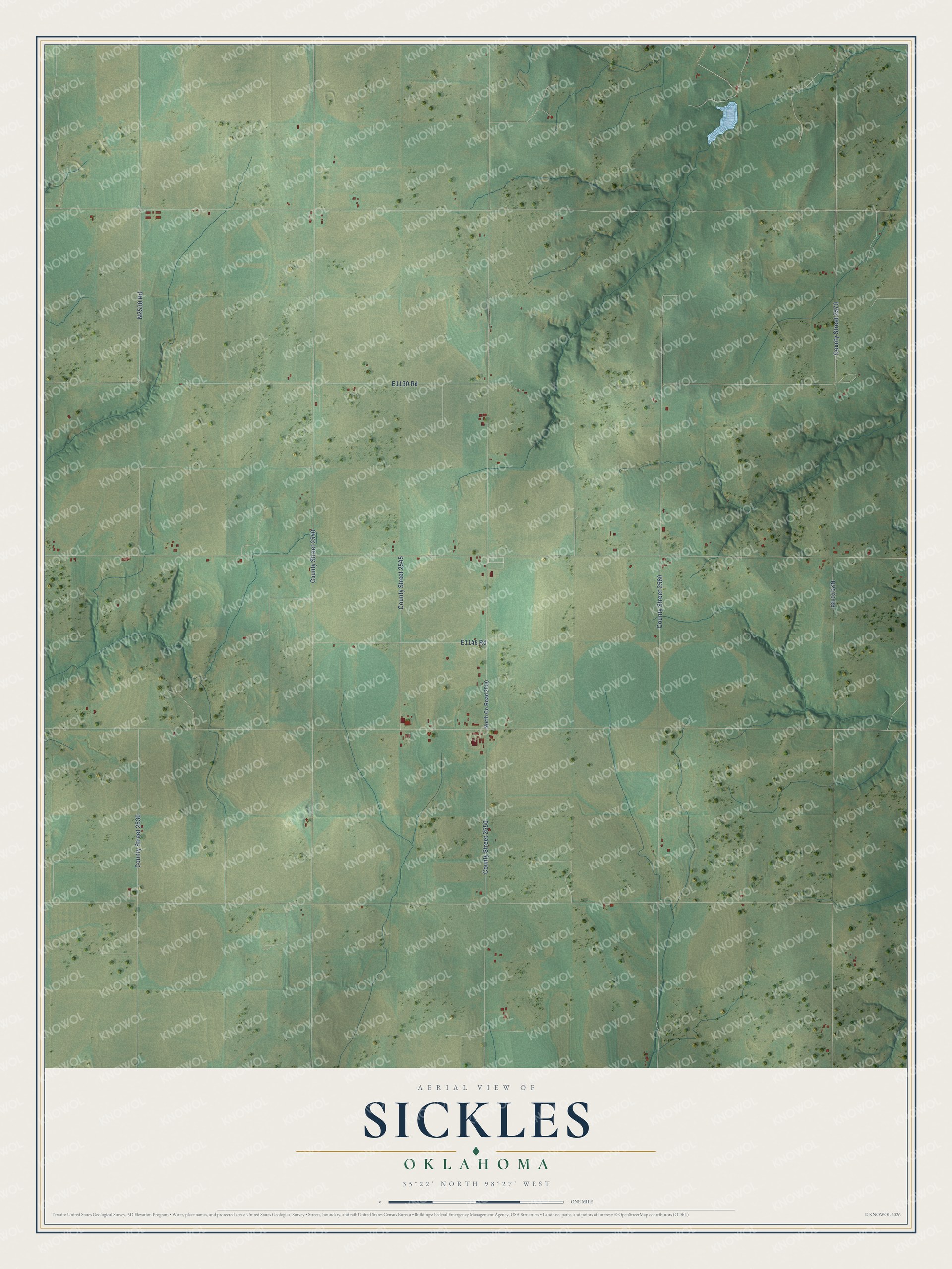 Full map of Sickles, Oklahoma, with red buildings, printed street names and the land around them