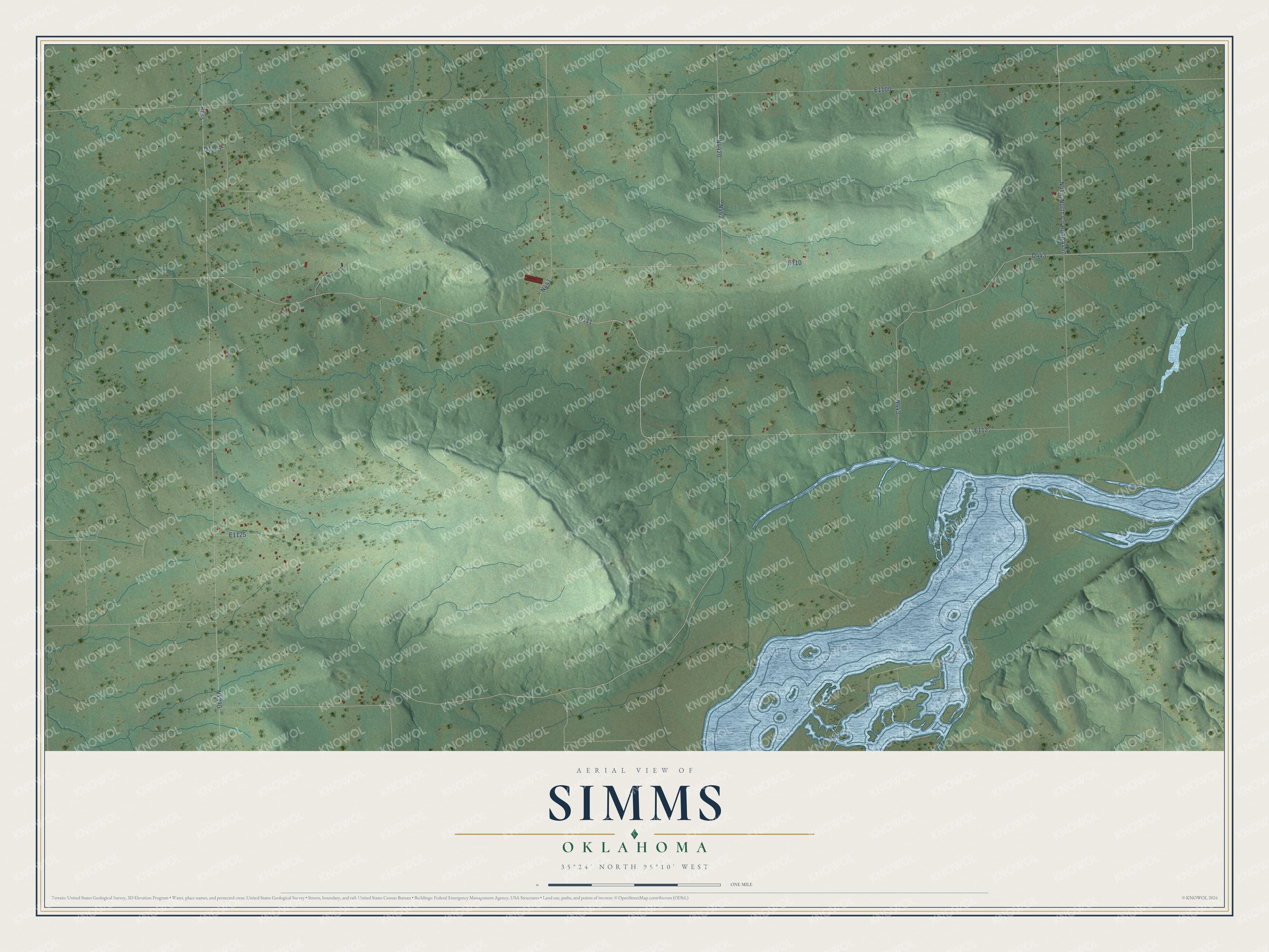 Full map of Simms, Oklahoma, with red buildings, printed street names and the land around them