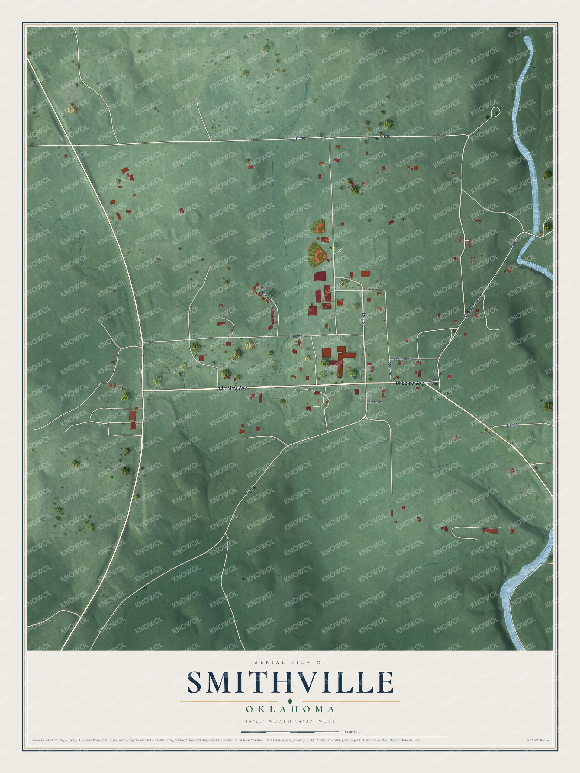 Full map of Smithville, Oklahoma, with red buildings, printed street names and the land around them