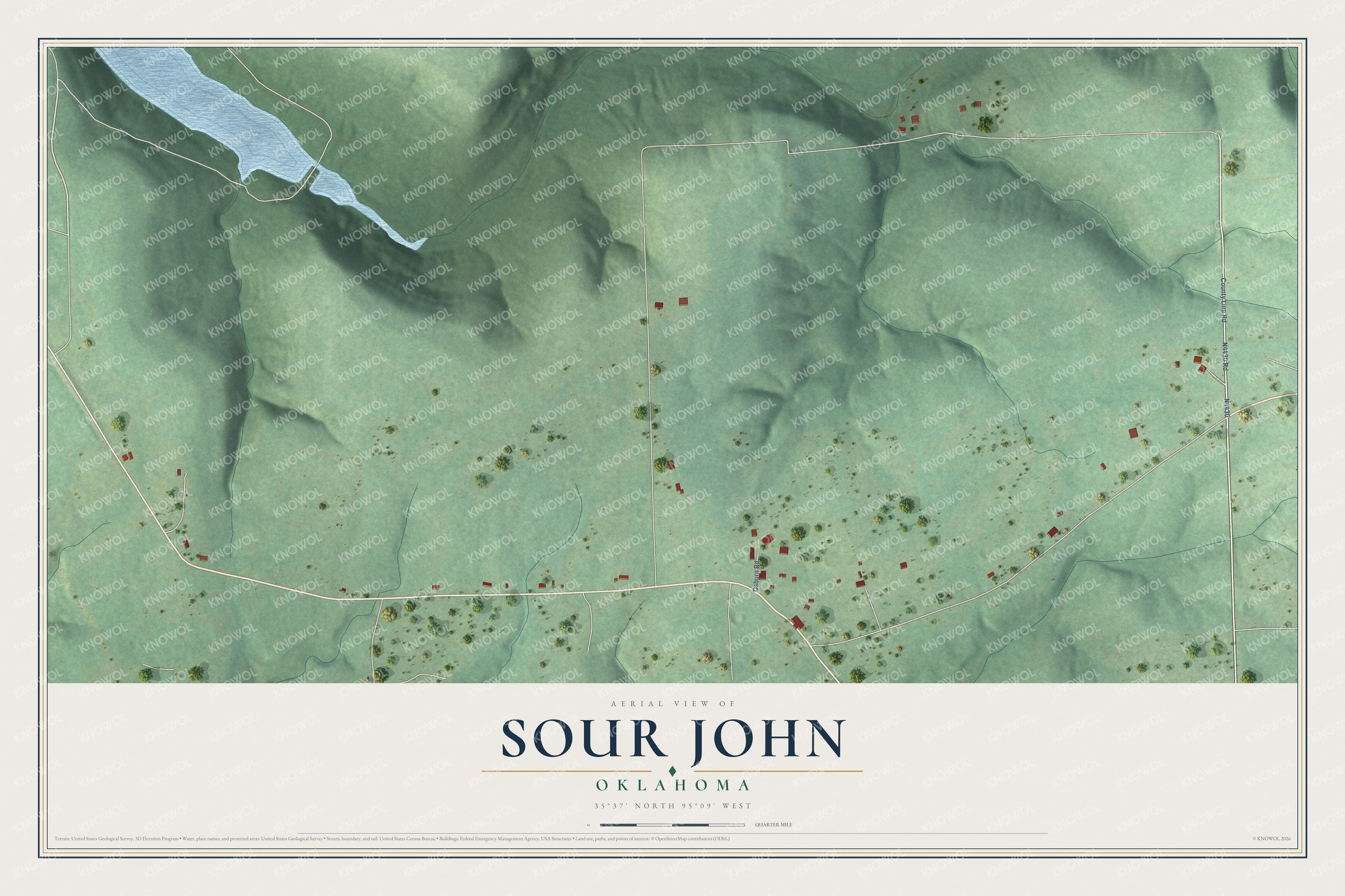 Full map of Sour John, Oklahoma, with red buildings, printed street names and the land around them