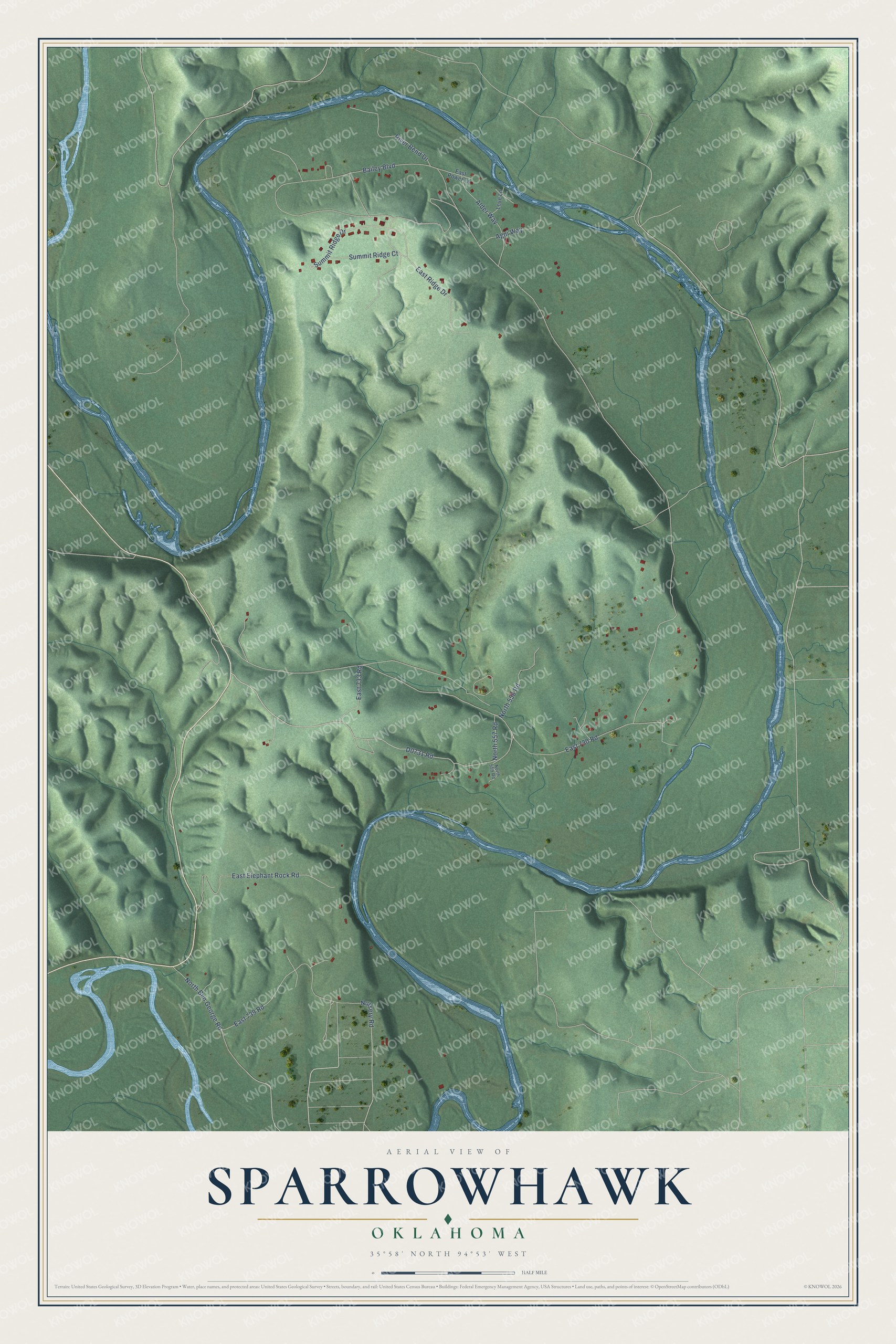 Full map of Sparrowhawk, Oklahoma, with red buildings, printed street names and the land around them