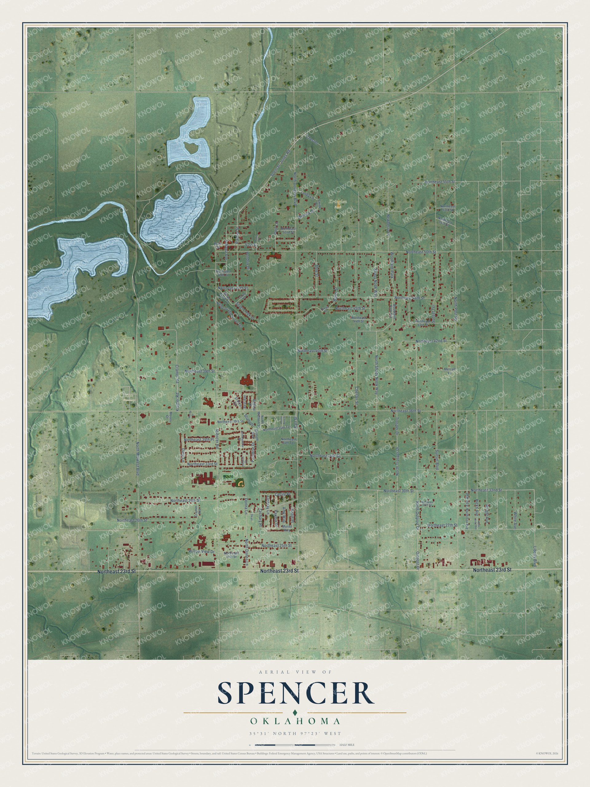 Full map of Spencer, Oklahoma, with red buildings, printed street names and the land around them