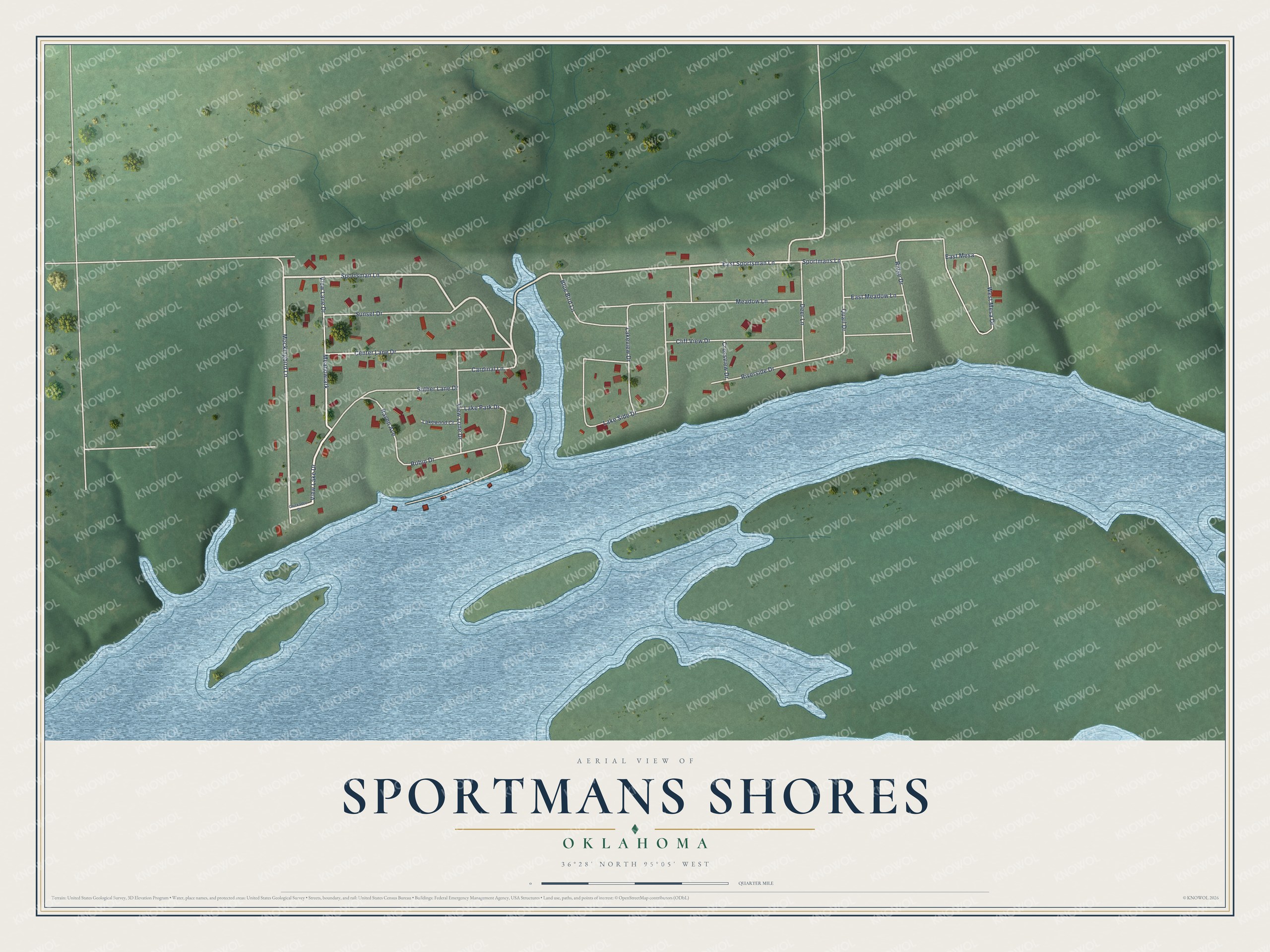 Full map of Sportmans Shores, Oklahoma, with red buildings, printed street names and the land around them