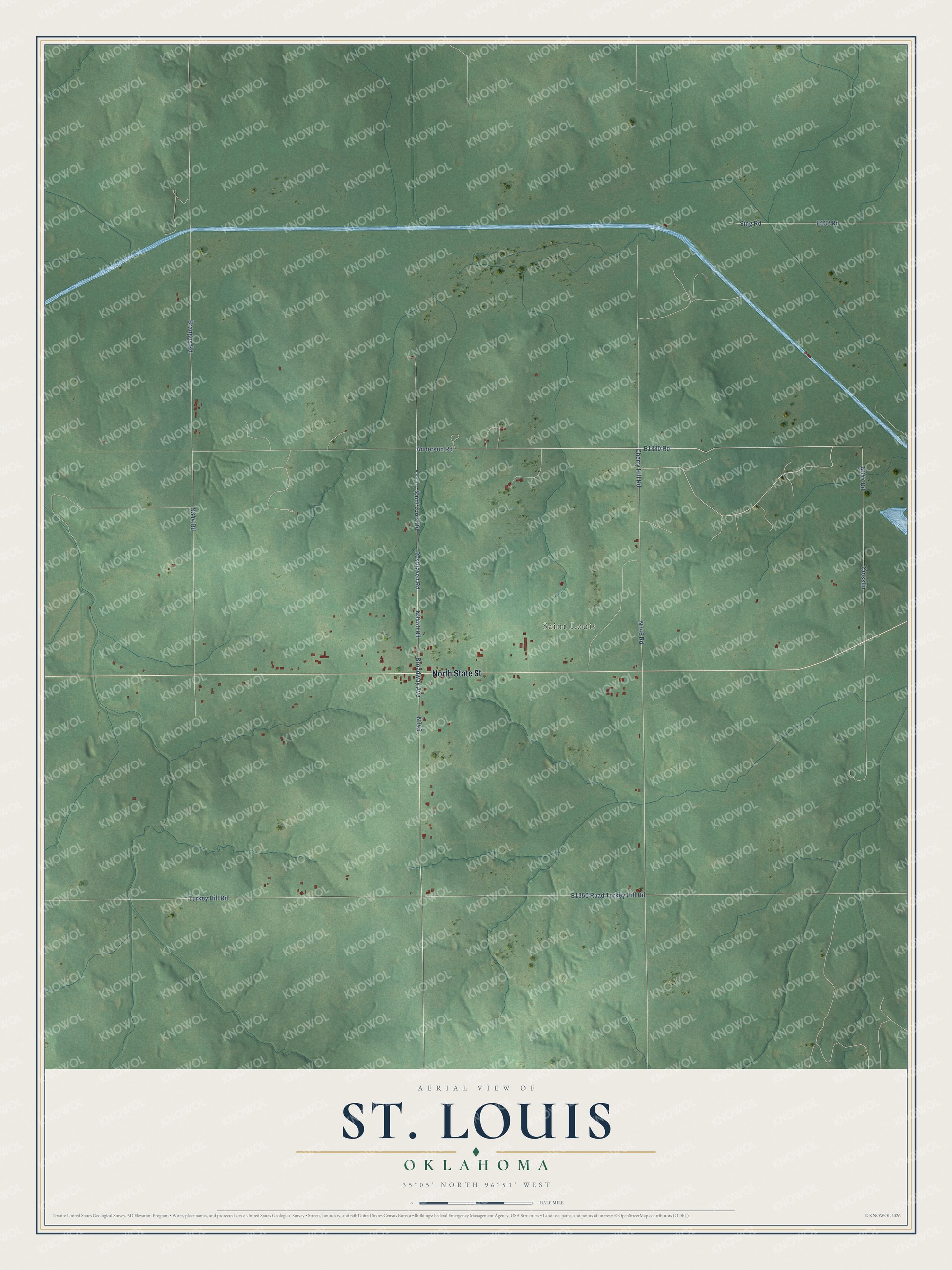 Full map of St. Louis, Oklahoma, with red buildings, printed street names and the land around them