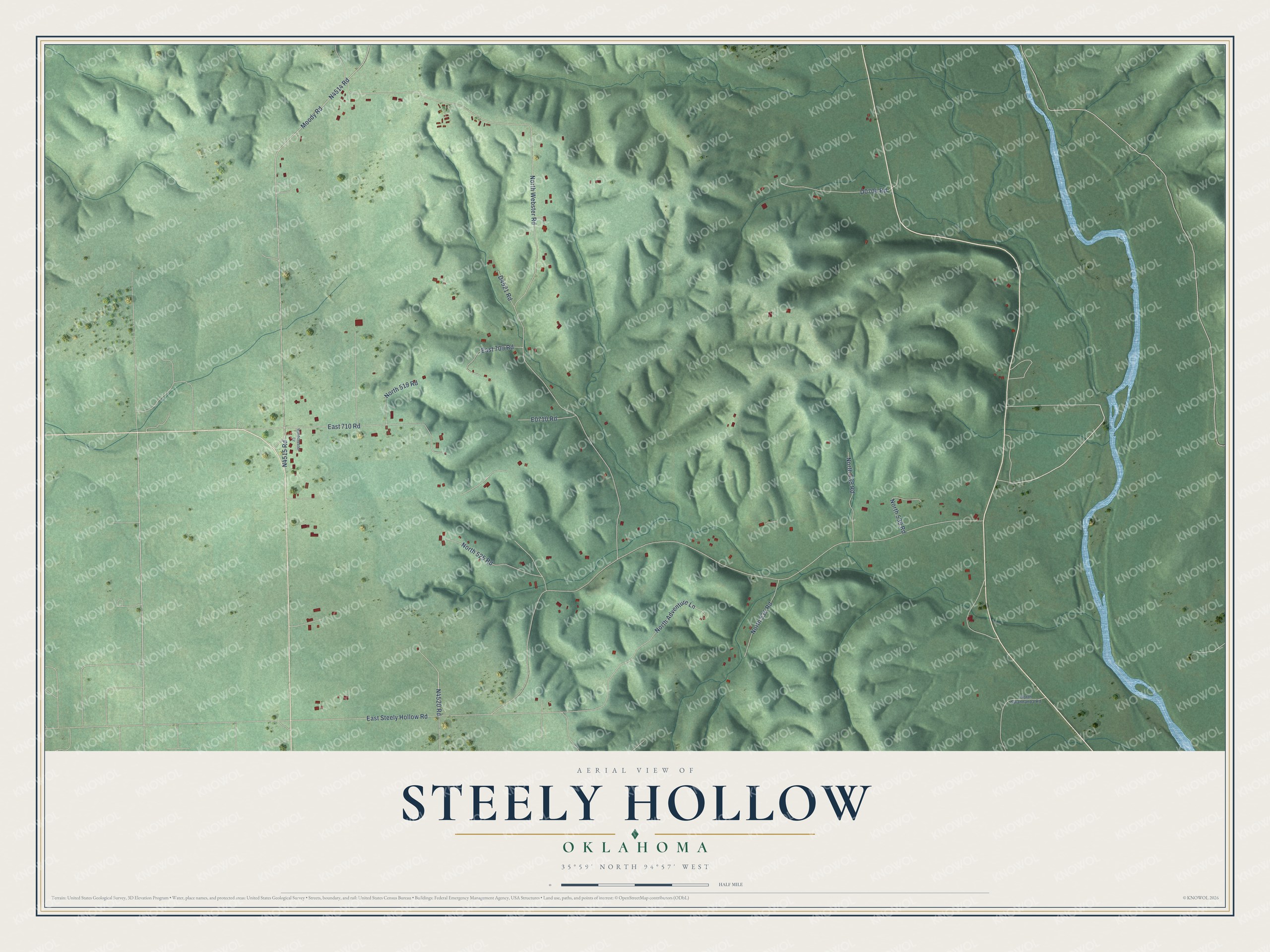 Full map of Steely Hollow, Oklahoma, with red buildings, printed street names and the land around them