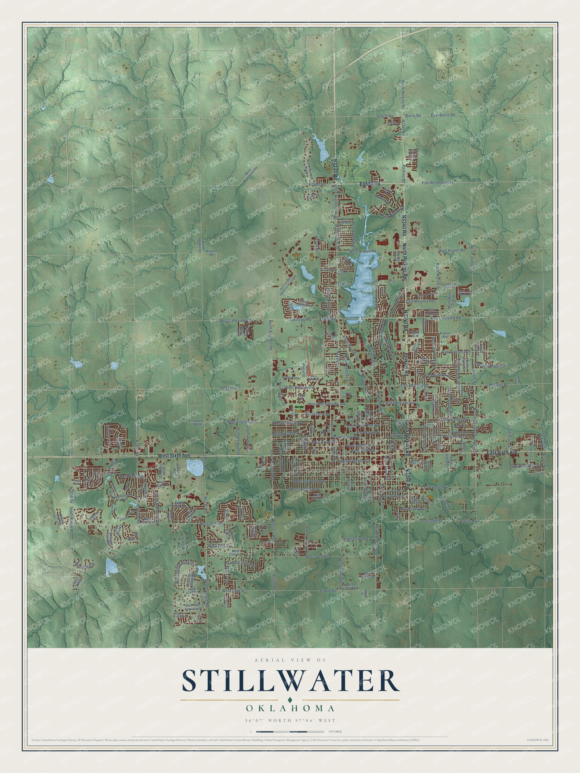 Full map of Stillwater, Oklahoma, with red buildings, printed street names and the land around them