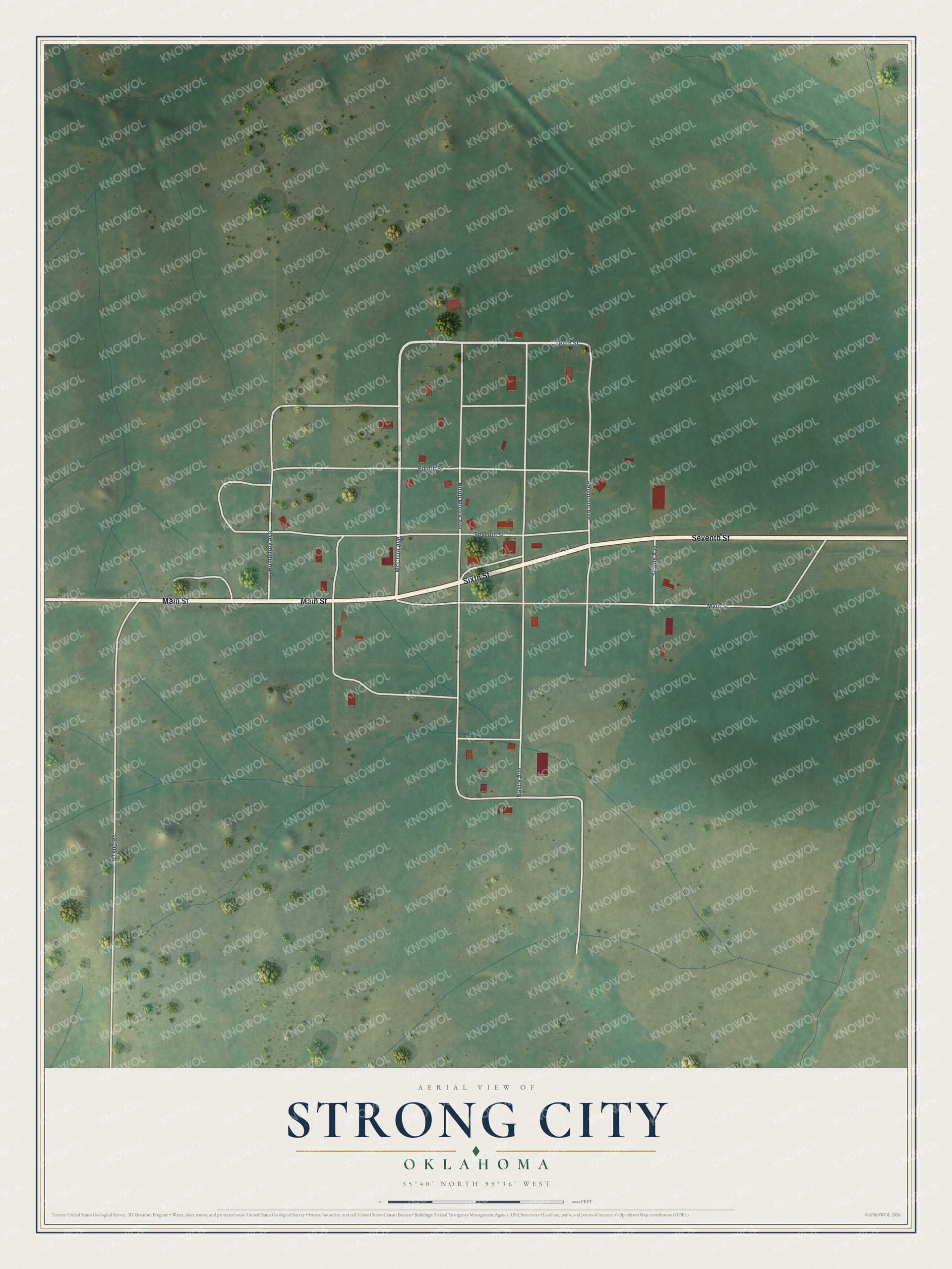 Full map of Strong City, Oklahoma, with red buildings, printed street names and the land around them