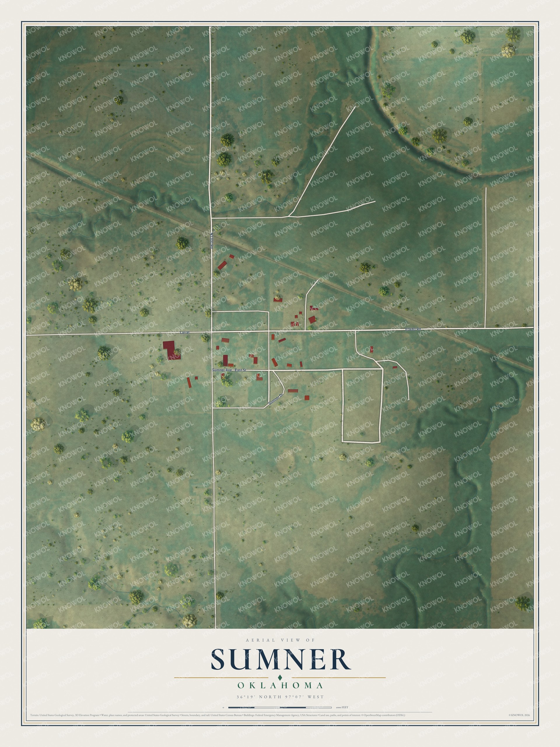 Full map of Sumner, Oklahoma, with red buildings, printed street names and the land around them