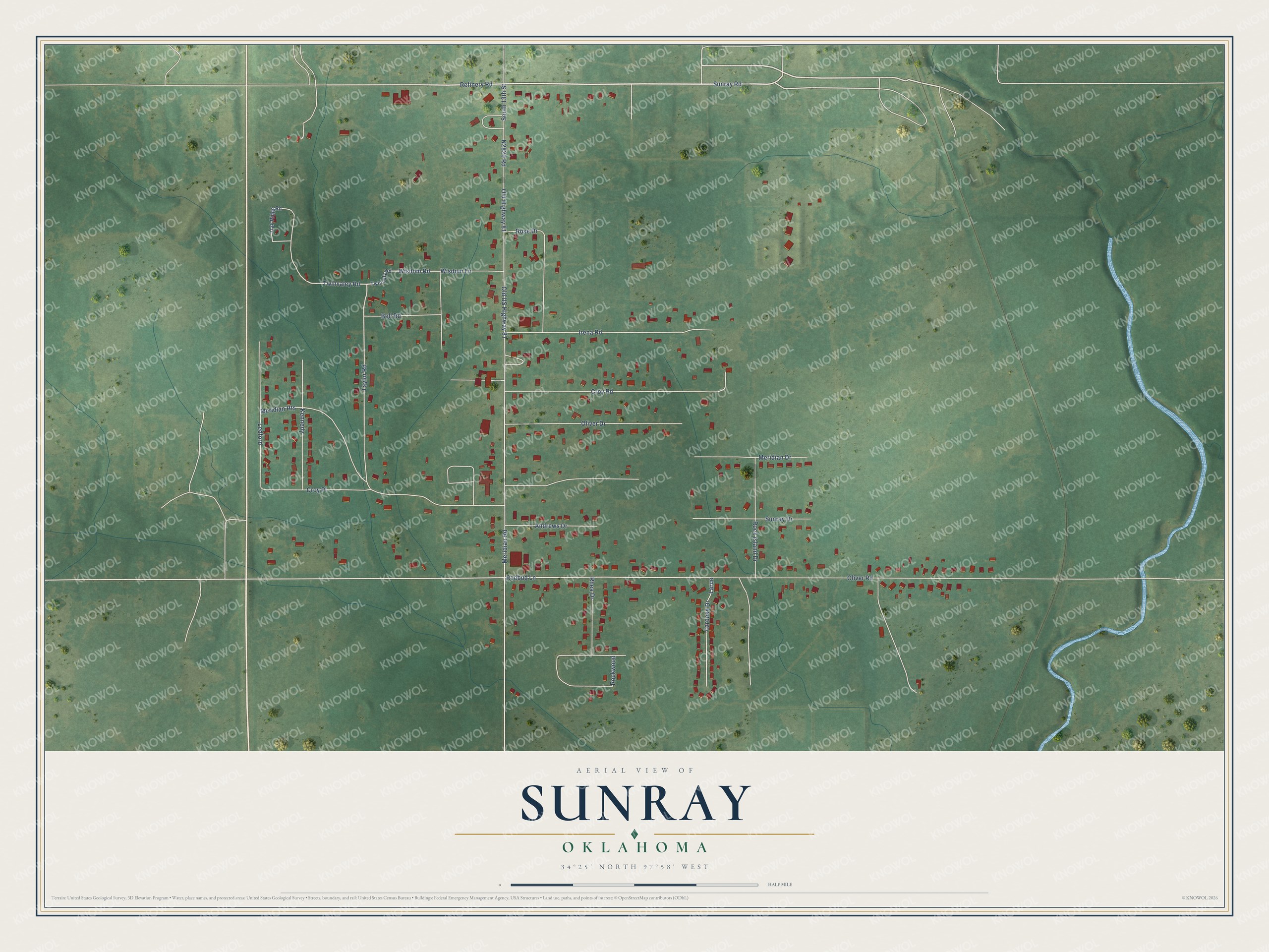 Full map of Sunray, Oklahoma, with red buildings, printed street names and the land around them