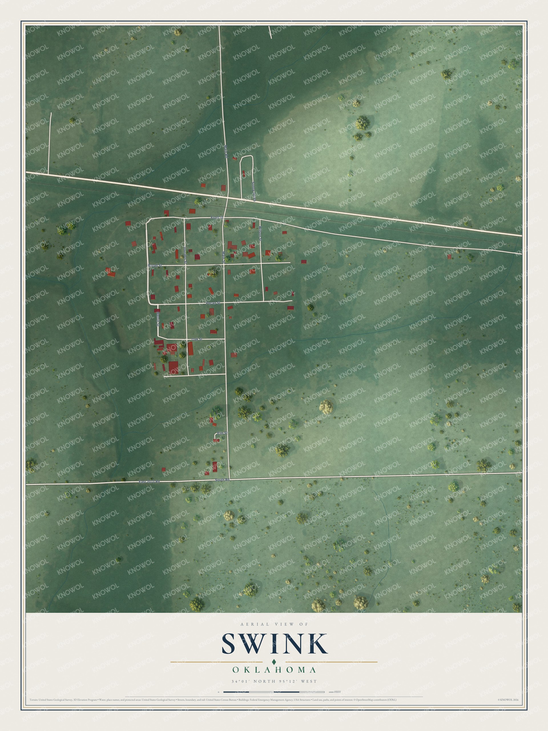 Full map of Swink, Oklahoma, with red buildings, printed street names and the land around them