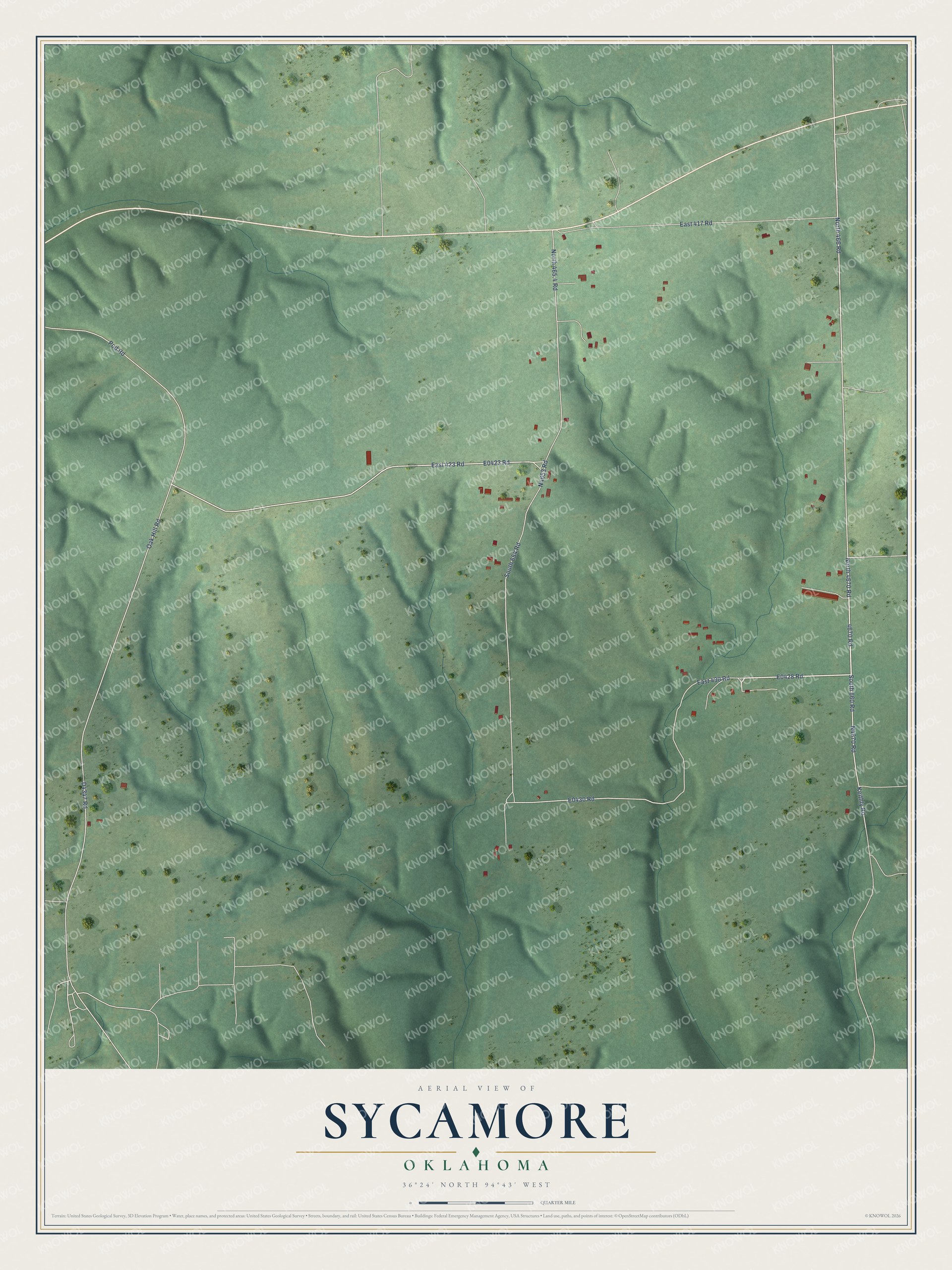 Full map of Sycamore, Oklahoma, with red buildings, printed street names and the land around them