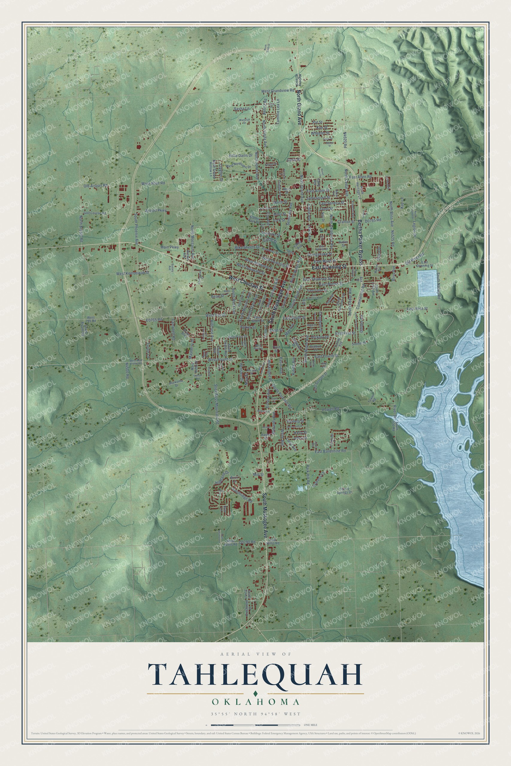 Full map of Tahlequah, Oklahoma, with red buildings, printed street names and the land around them