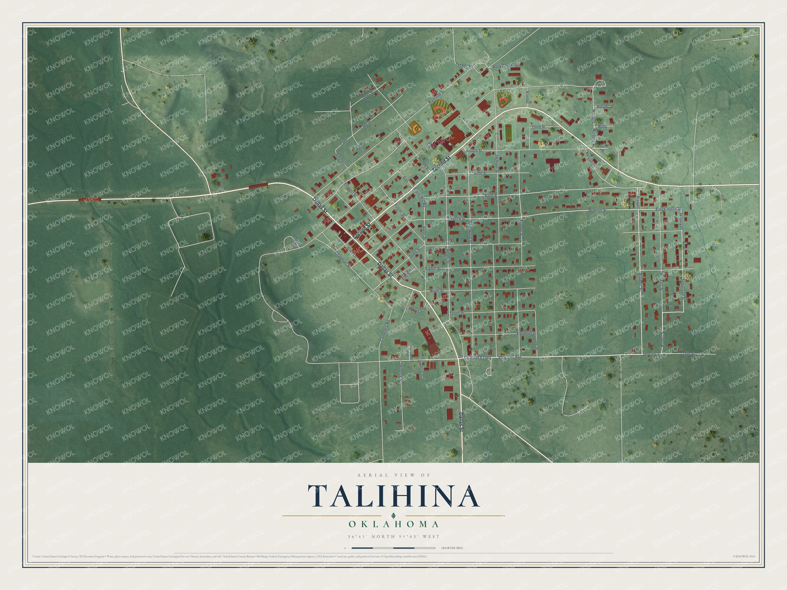 Full map of Talihina, Oklahoma, with red buildings, printed street names and the land around them