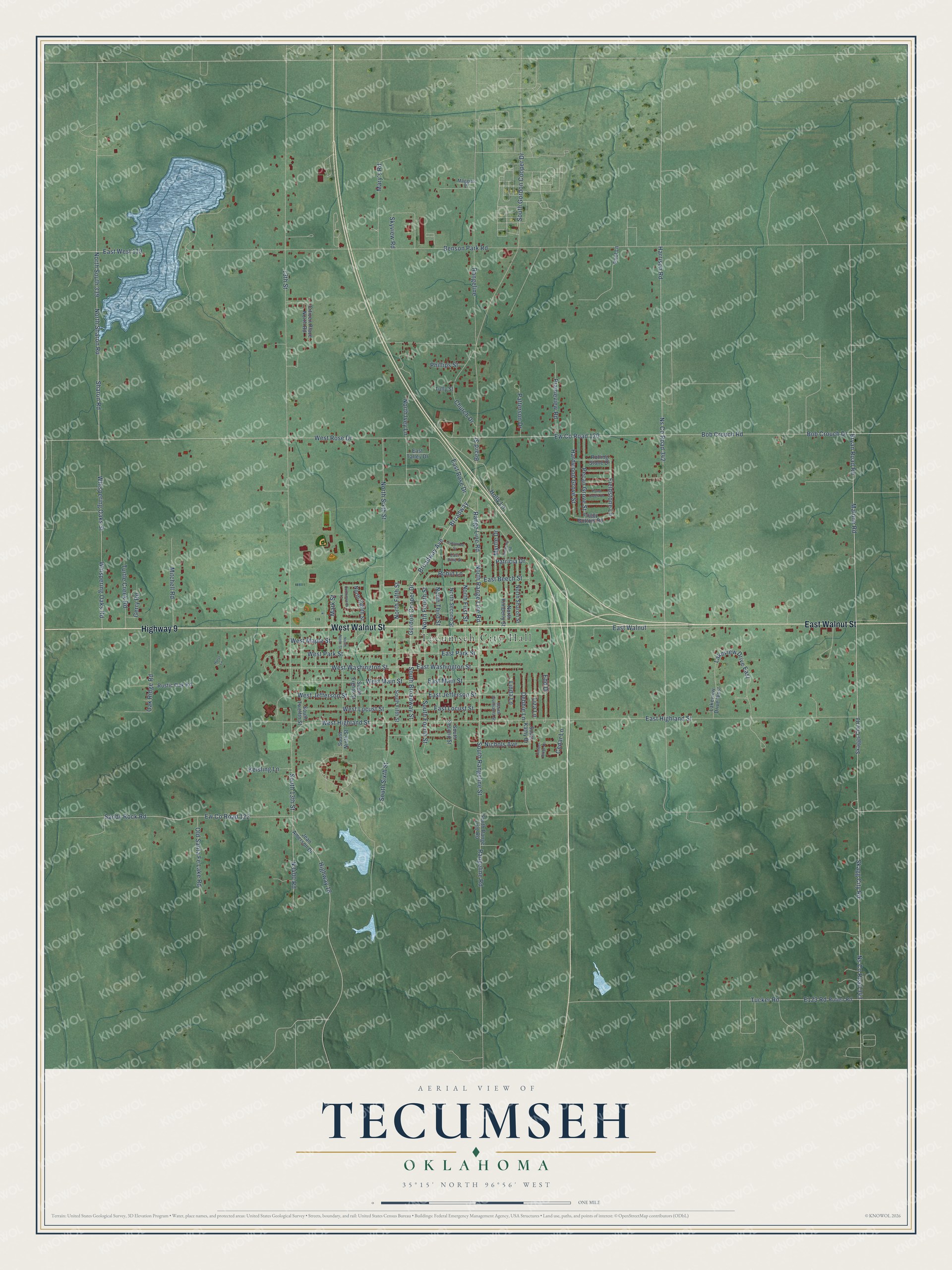 Full map of Tecumseh, Oklahoma, with red buildings, printed street names and the land around them