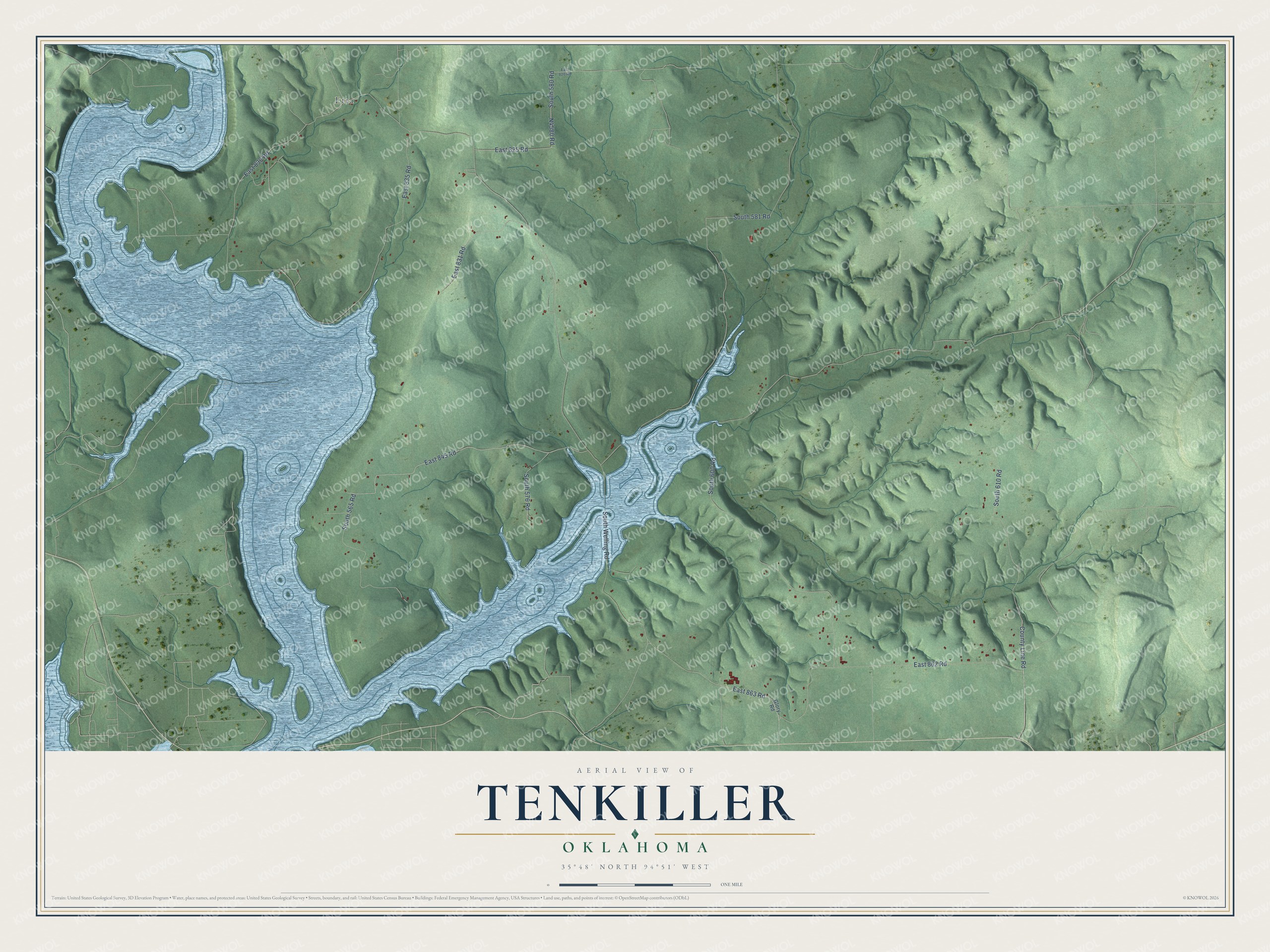 Full map of Tenkiller, Oklahoma, with red buildings, printed street names and the land around them