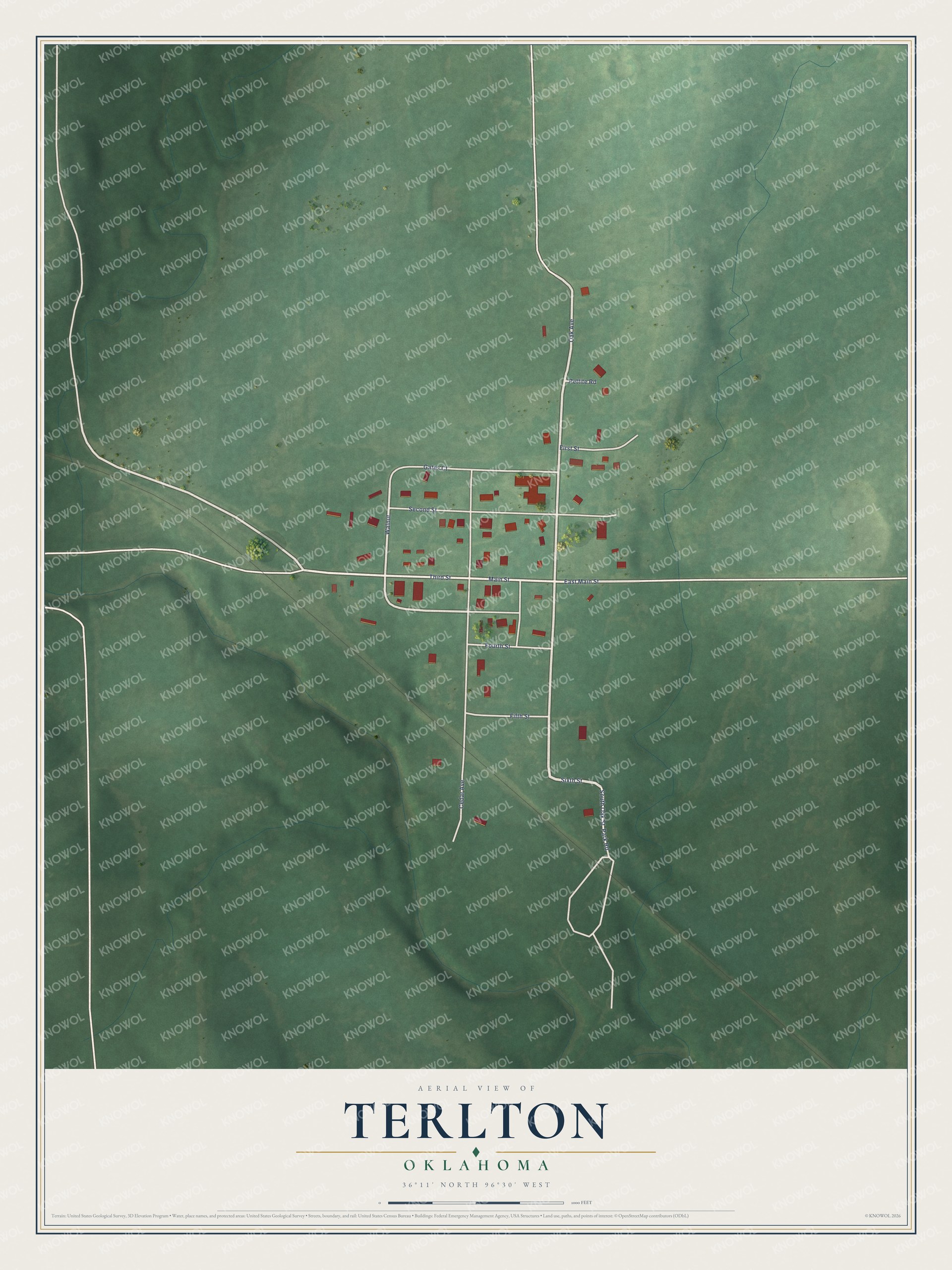 Full map of Terlton, Oklahoma, with red buildings, printed street names and the land around them