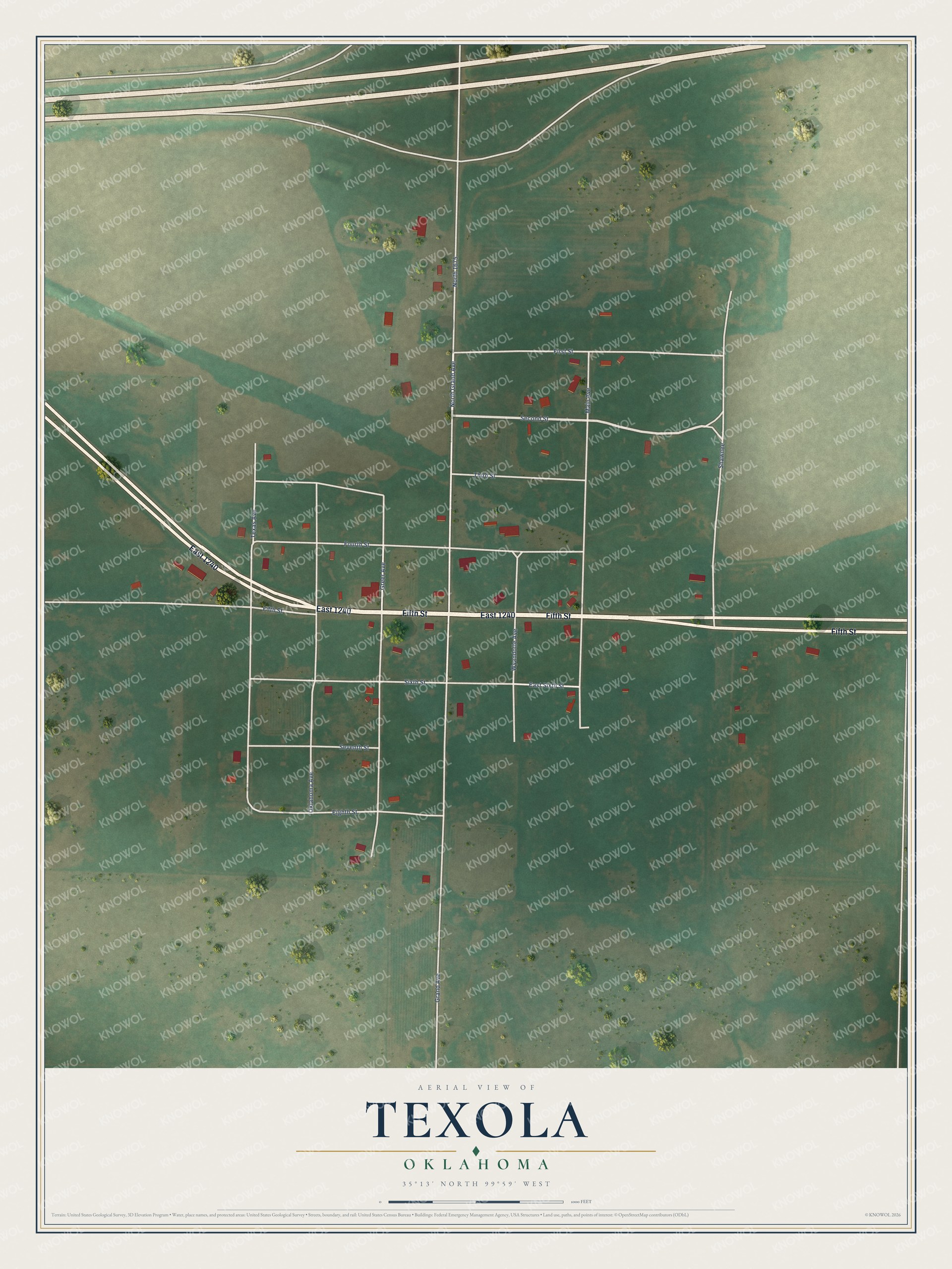 Full map of Texola, Oklahoma, with red buildings, printed street names and the land around them