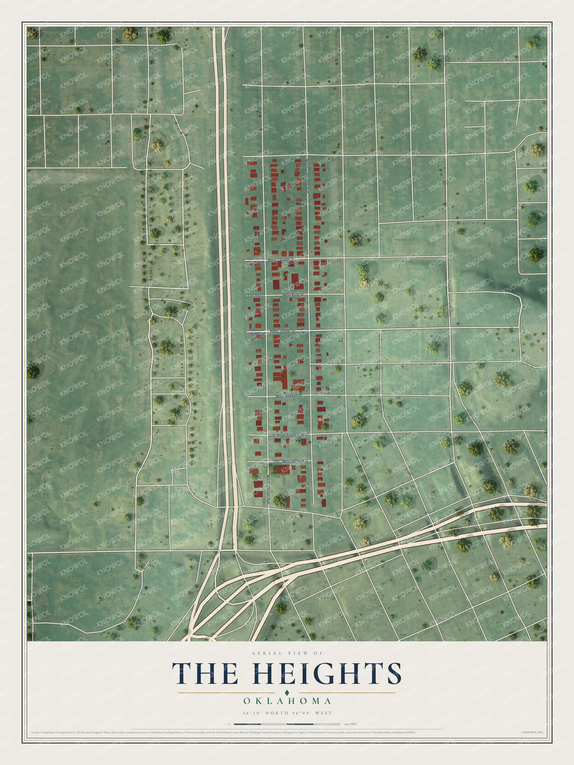 Full map of The Heights, Oklahoma, with red buildings, printed street names and the land around them