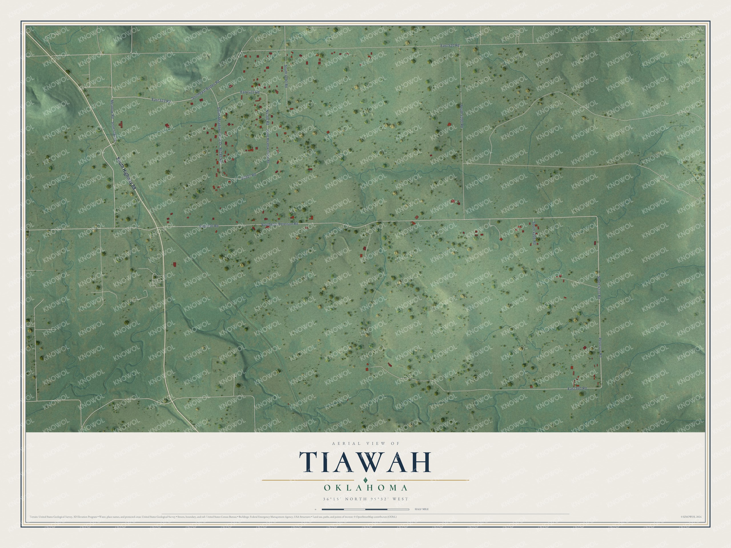 Full map of Tiawah, Oklahoma, with red buildings, printed street names and the land around them