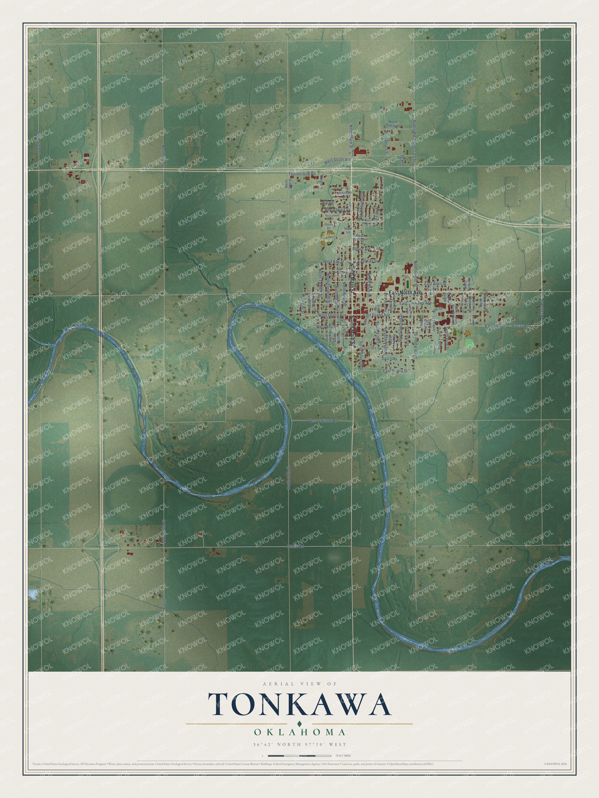 Full map of Tonkawa, Oklahoma, with red buildings, printed street names and the land around them