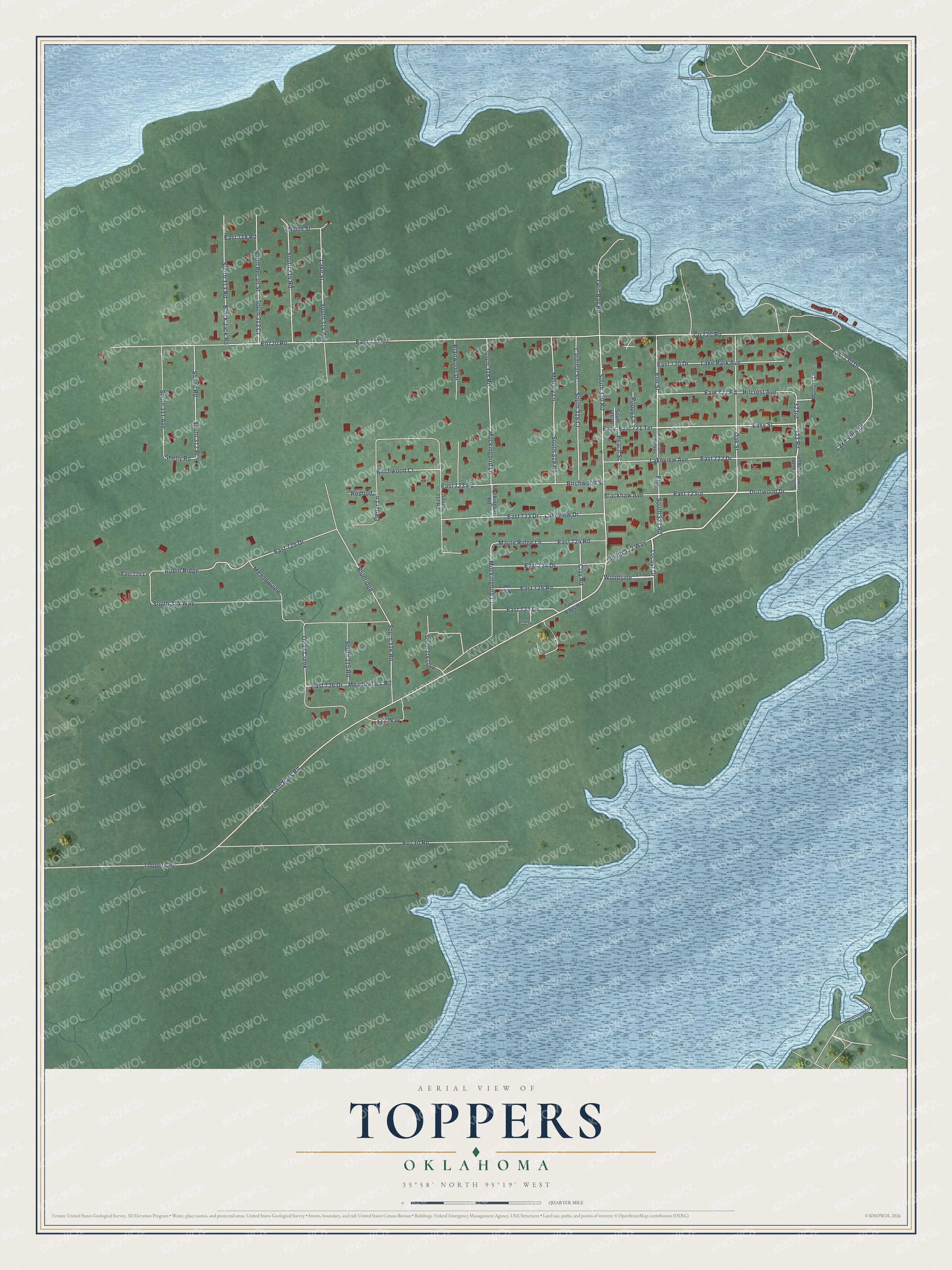 Full map of Toppers, Oklahoma, with red buildings, printed street names and the land around them