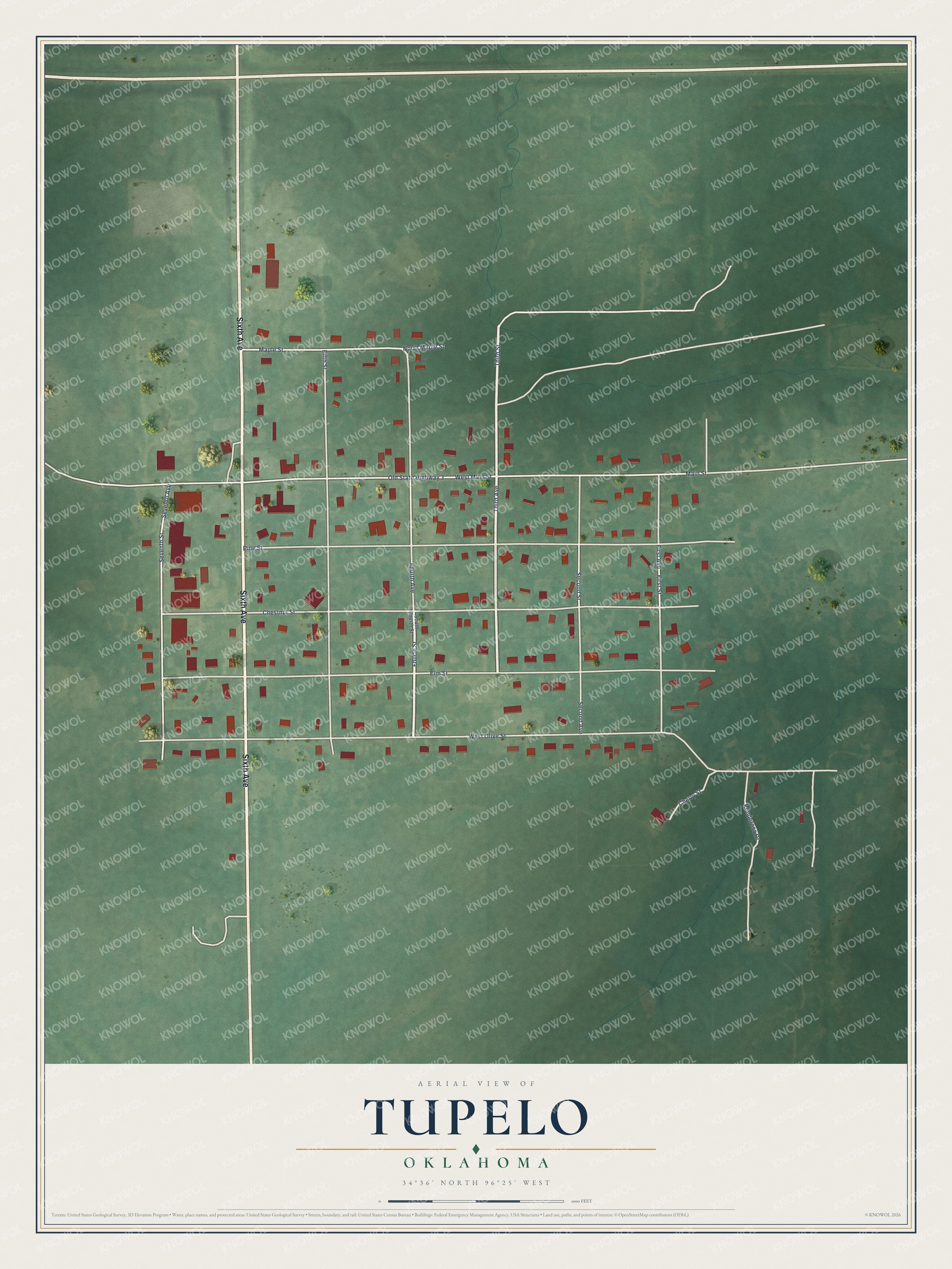 Full map of Tupelo, Oklahoma, with red buildings, printed street names and the land around them