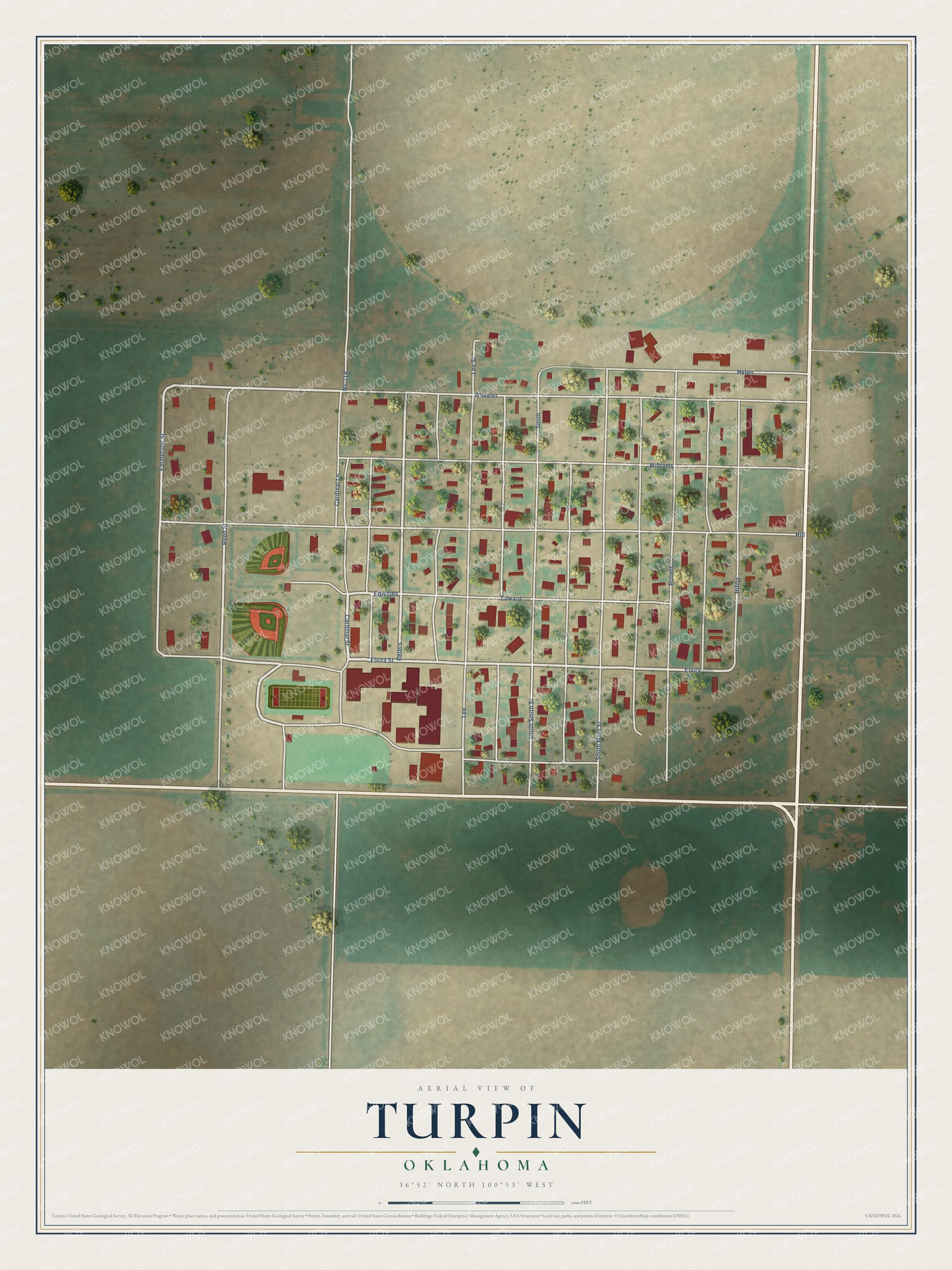 Full map of Turpin, Oklahoma, with red buildings, printed street names and the land around them