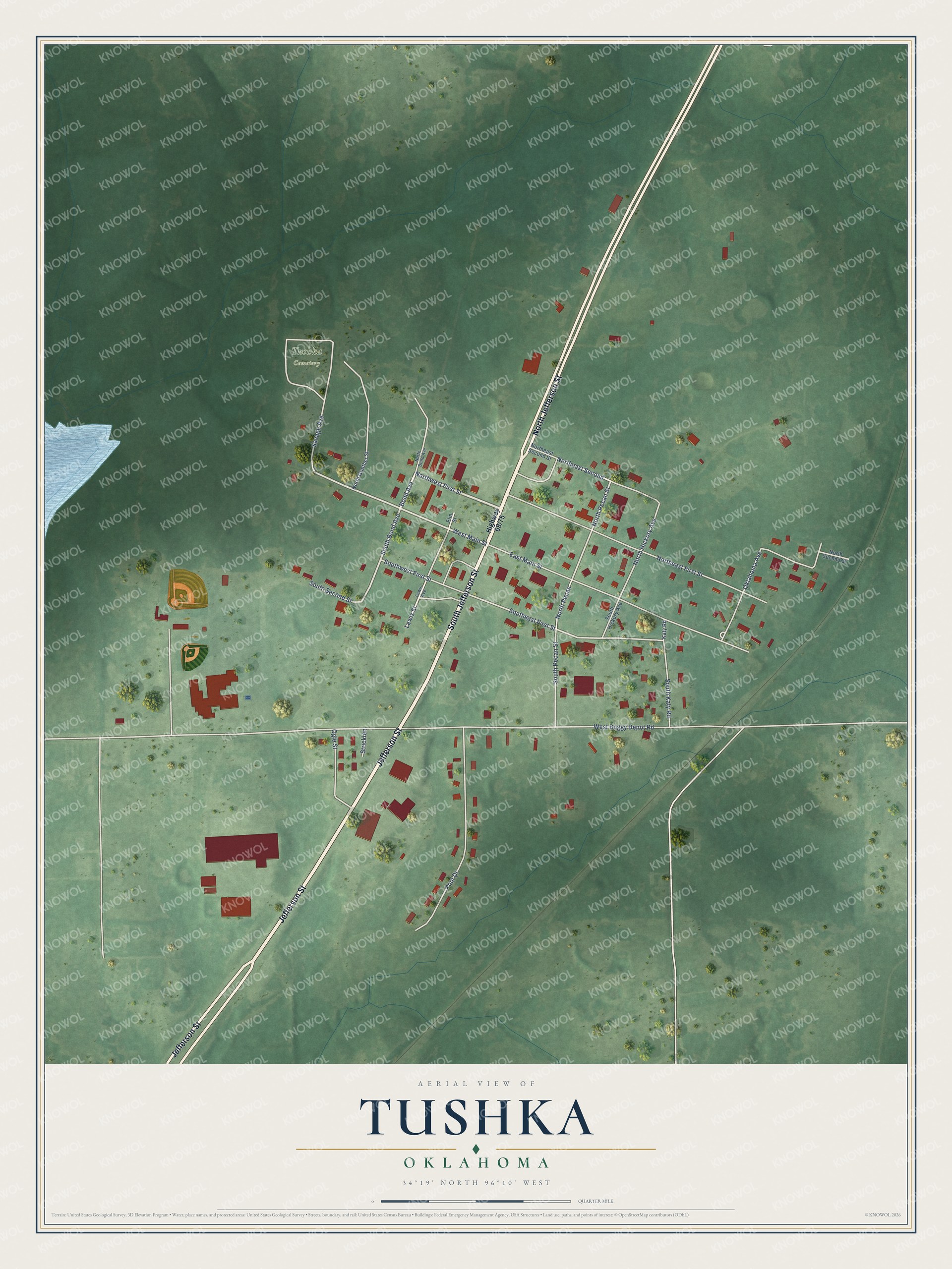 Full map of Tushka, Oklahoma, with red buildings, printed street names and the land around them