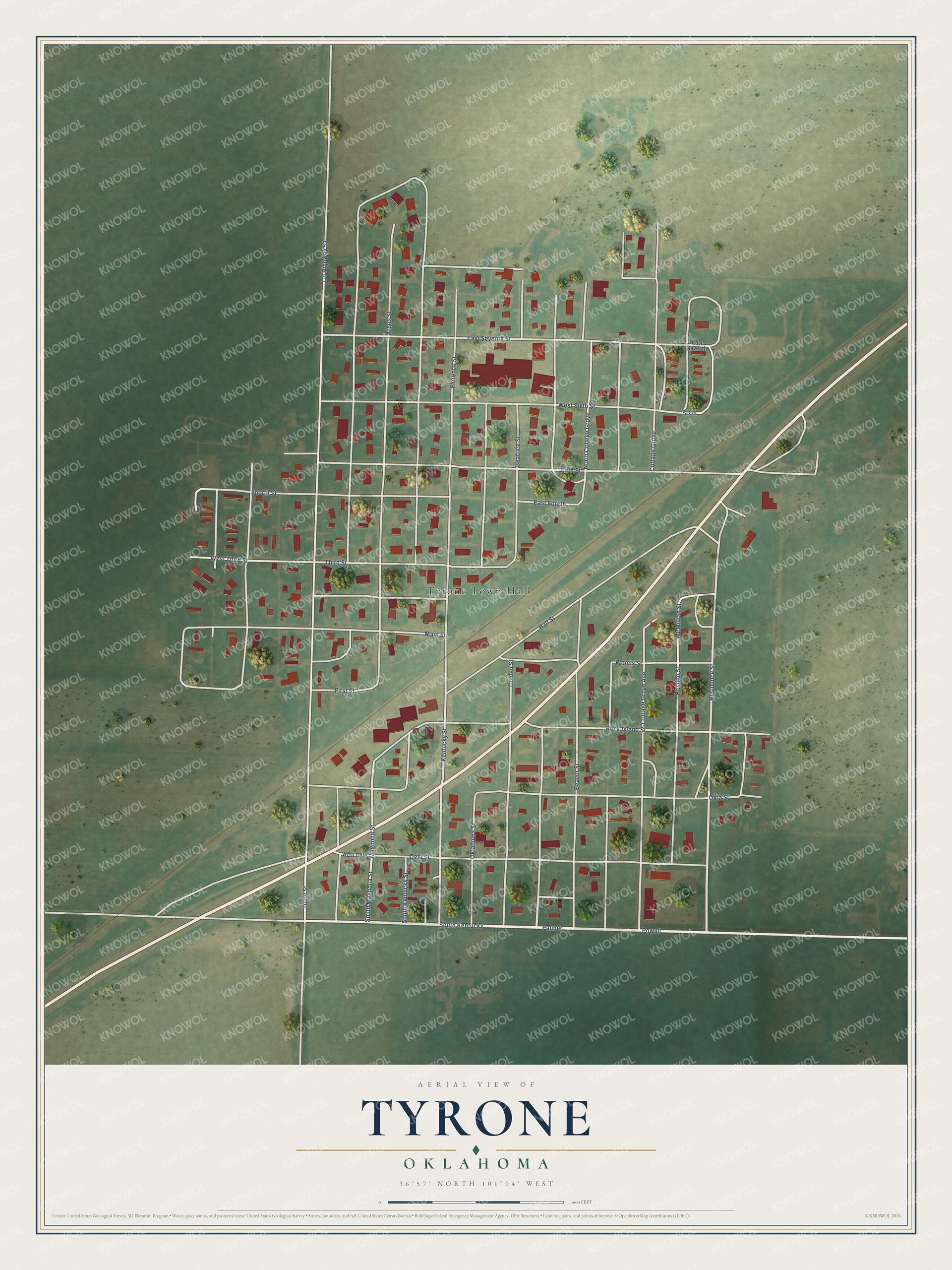 Full map of Tyrone, Oklahoma, with red buildings, printed street names and the land around them