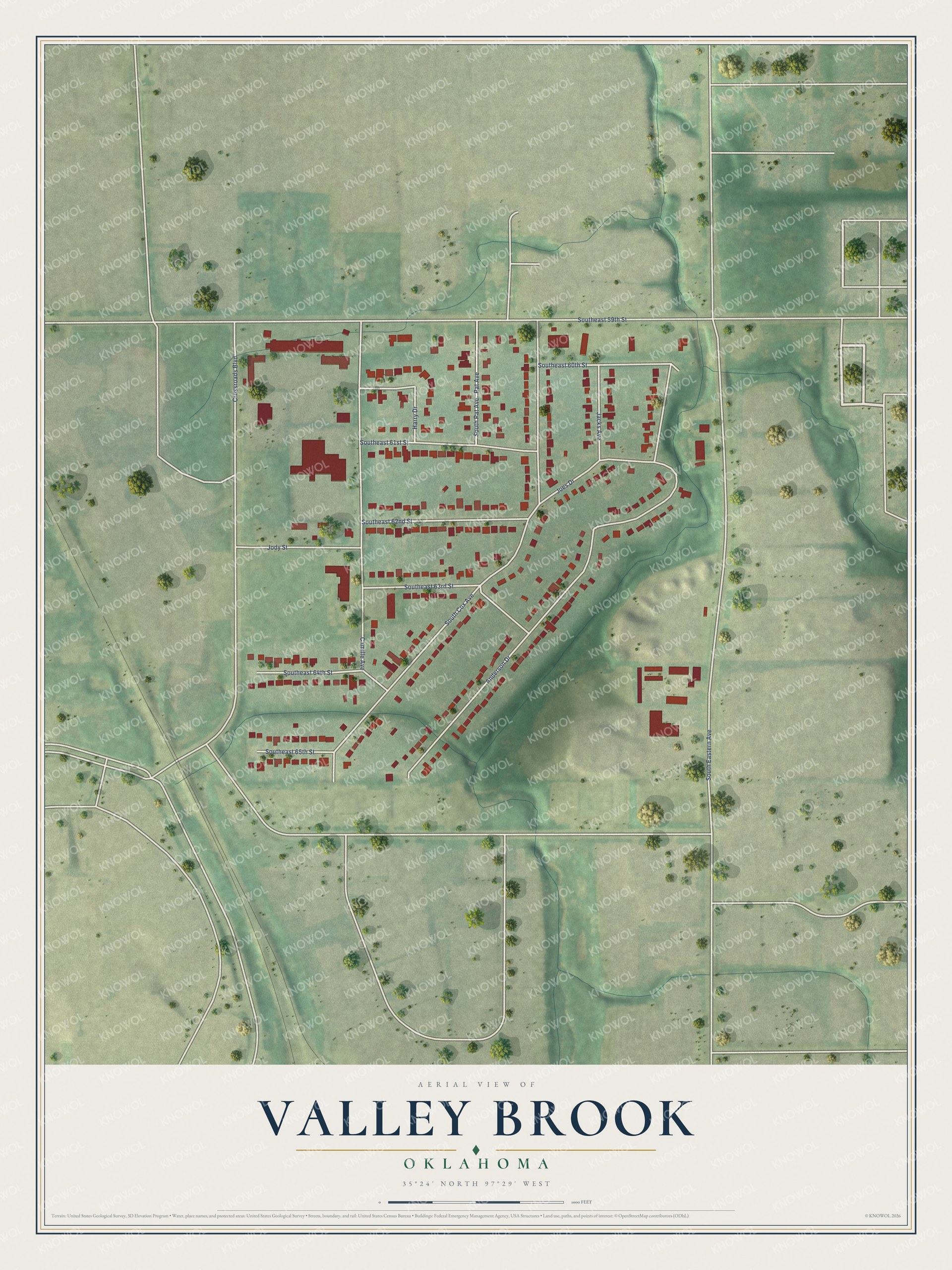 Full map of Valley Brook, Oklahoma, with red buildings, printed street names and the land around them