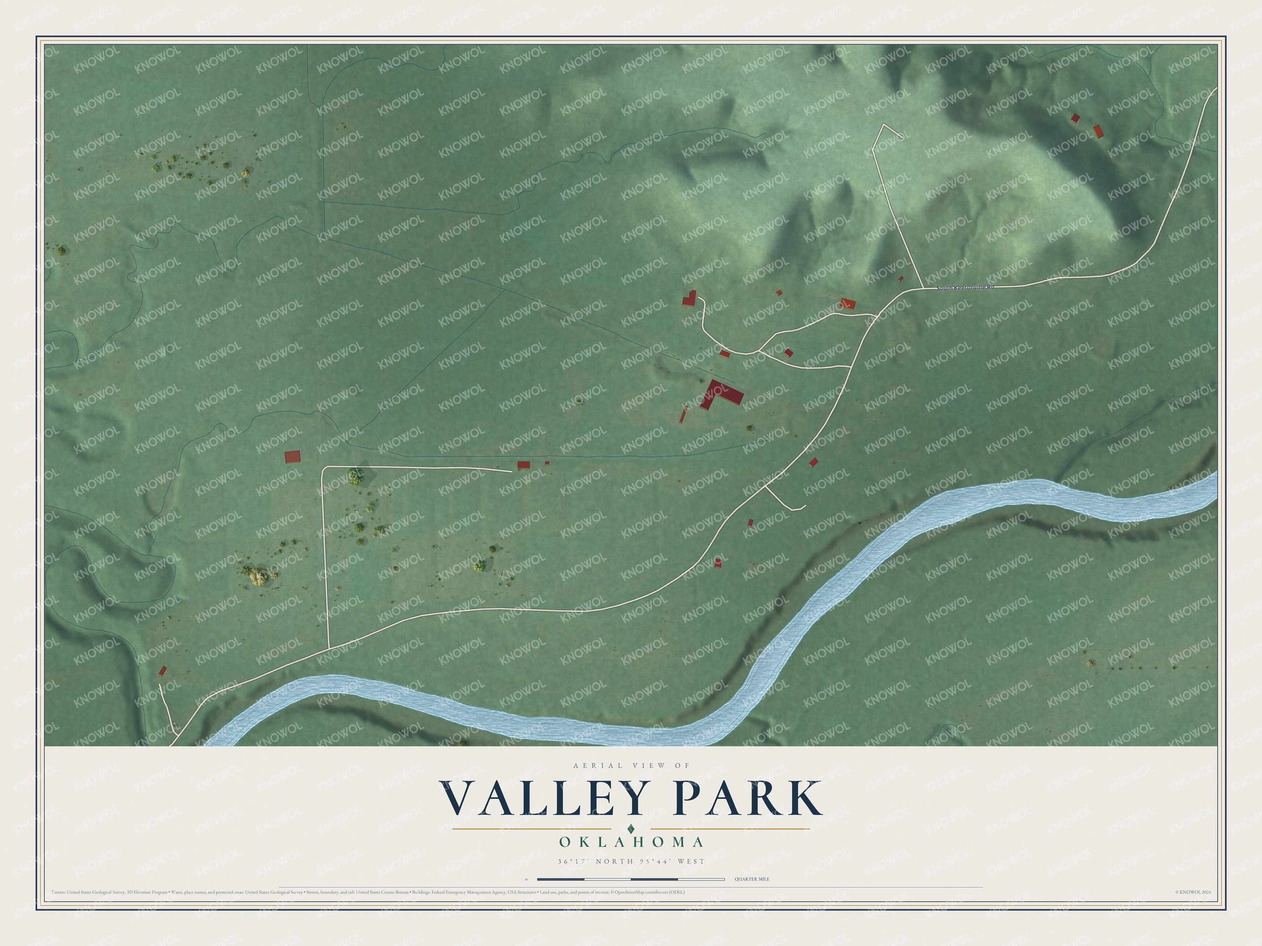 Full map of Valley Park, Oklahoma, with red buildings, printed street names and the land around them