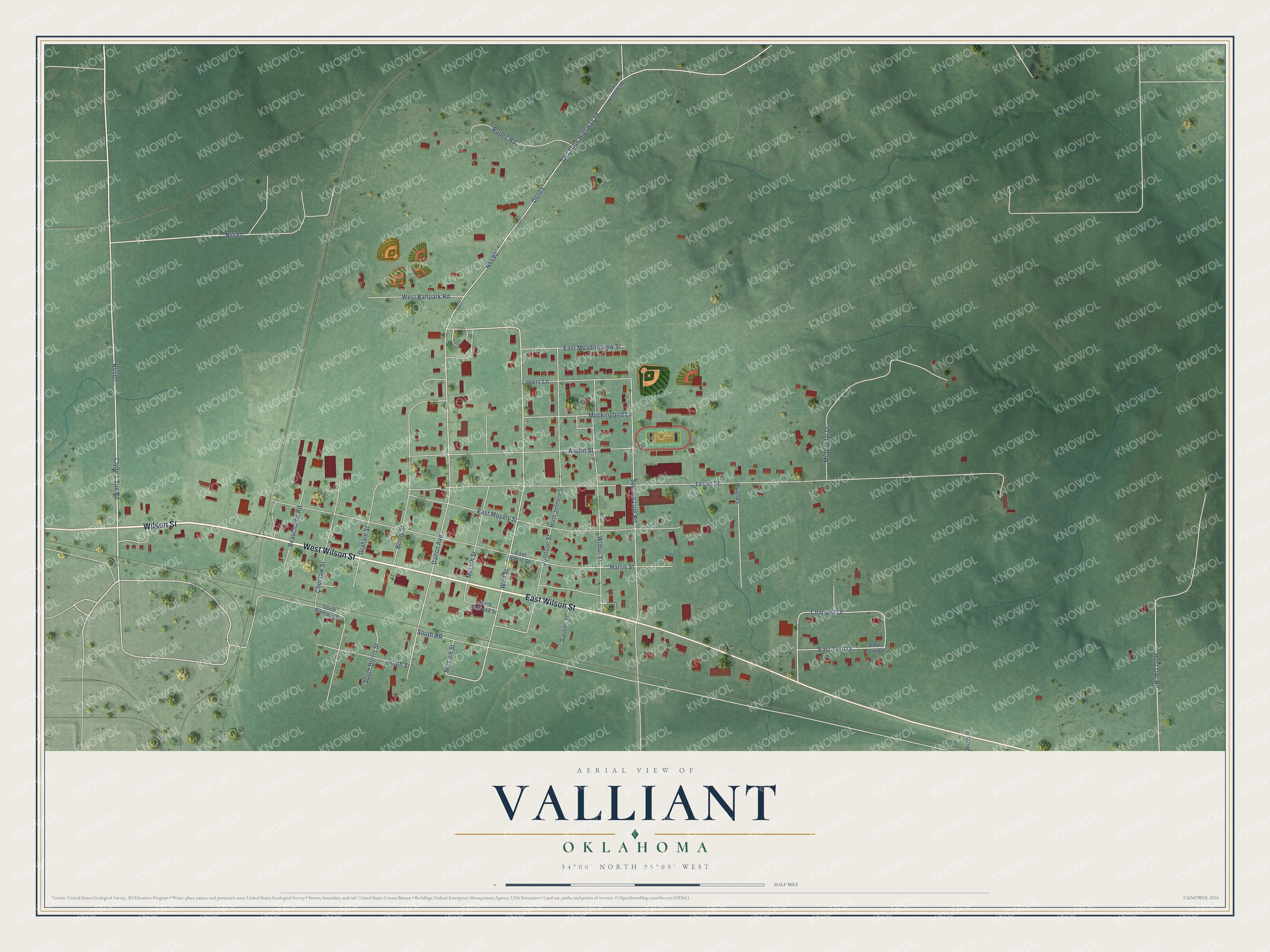 Full map of Valliant, Oklahoma, with red buildings, printed street names and the land around them