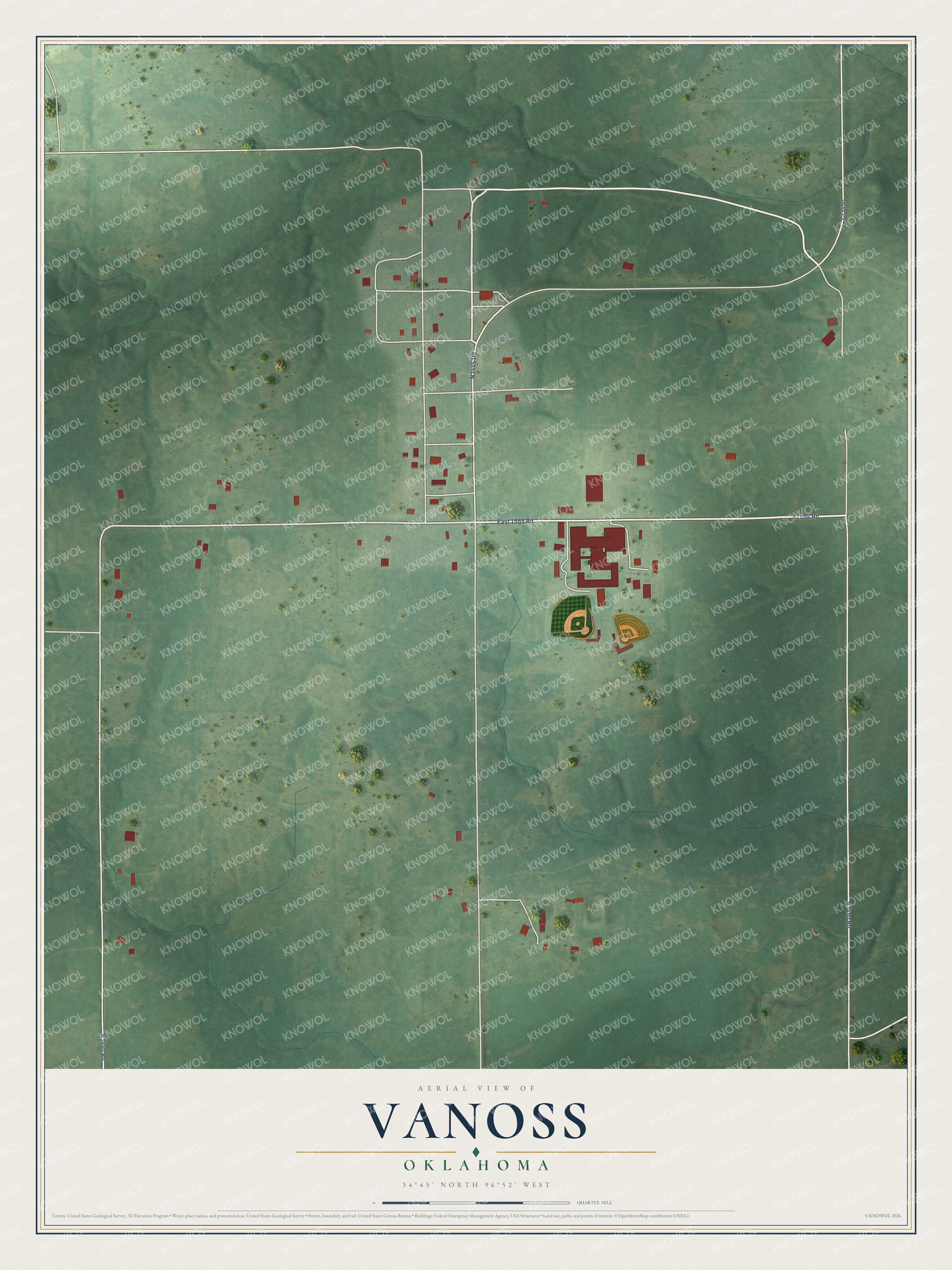 Full map of Vanoss, Oklahoma, with red buildings, printed street names and the land around them