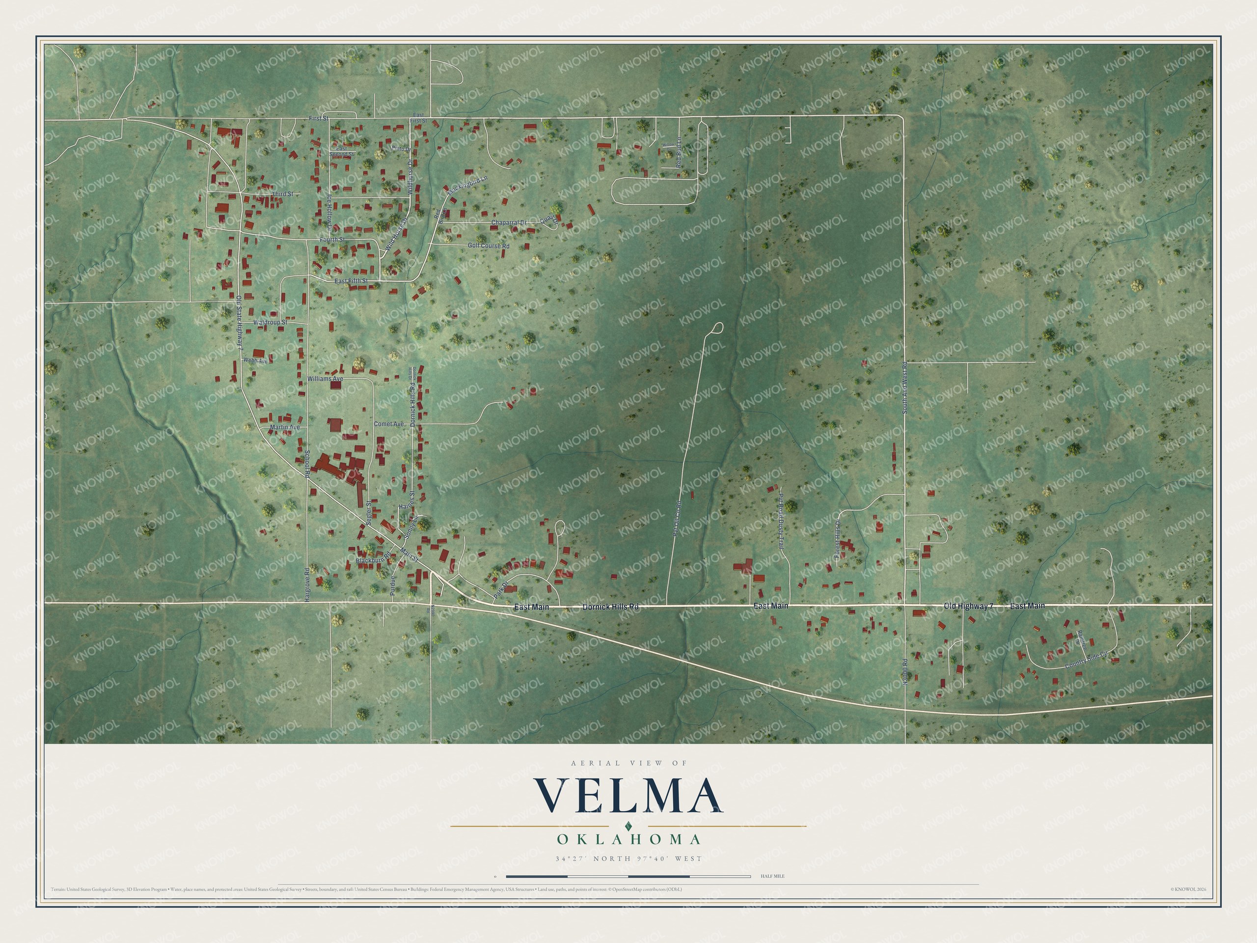 Full map of Velma, Oklahoma, with red buildings, printed street names and the land around them