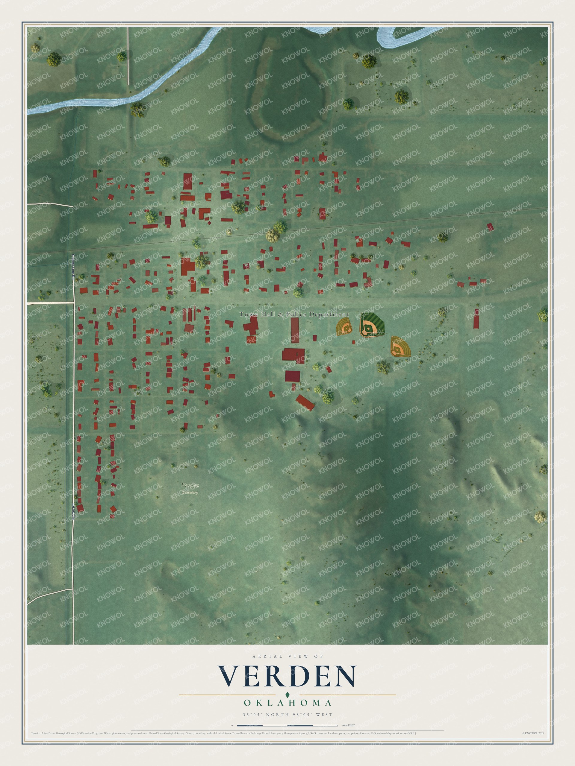 Full map of Verden, Oklahoma, with red buildings, printed street names and the land around them