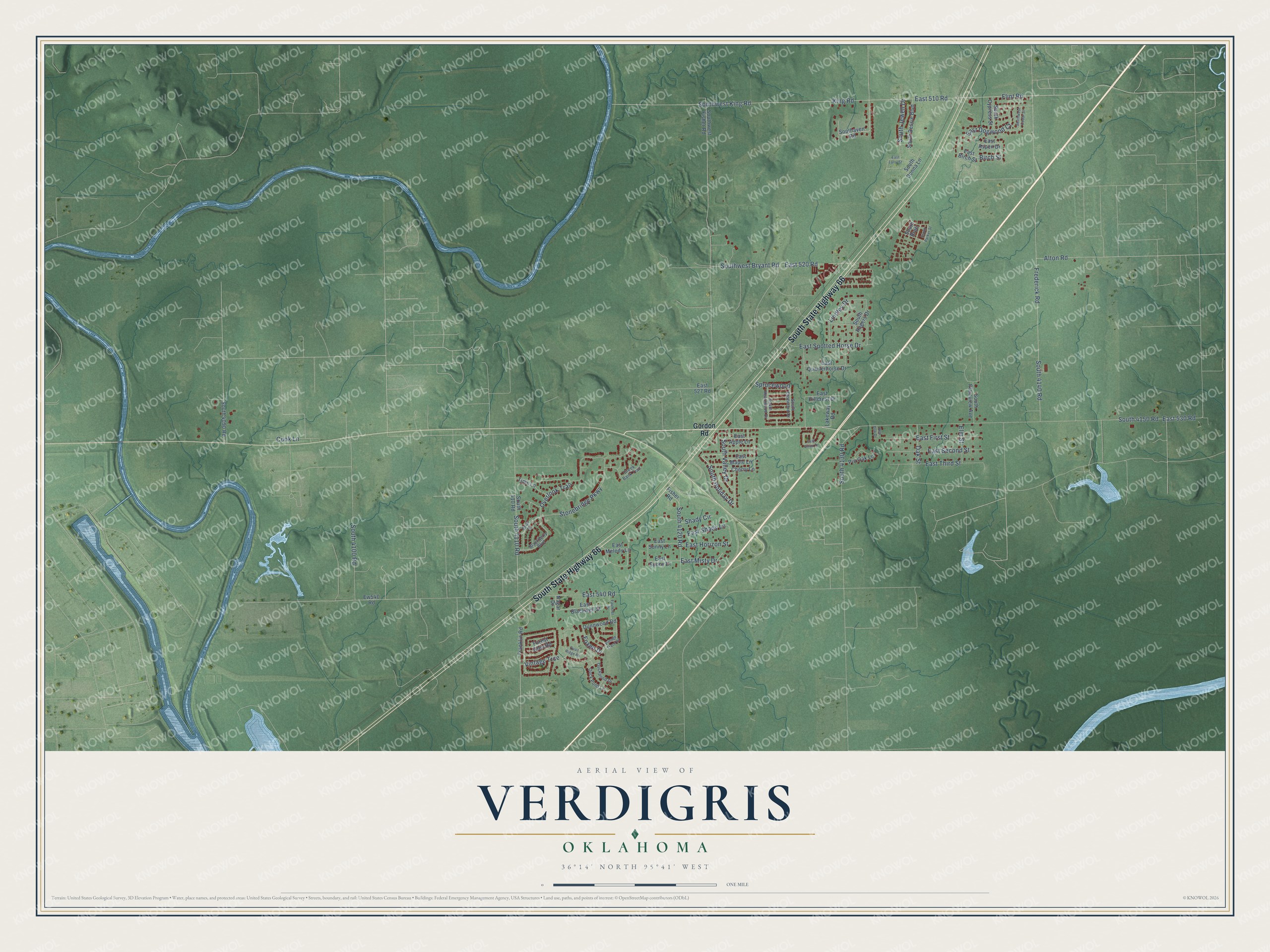 Full map of Verdigris, Oklahoma, with red buildings, printed street names and the land around them