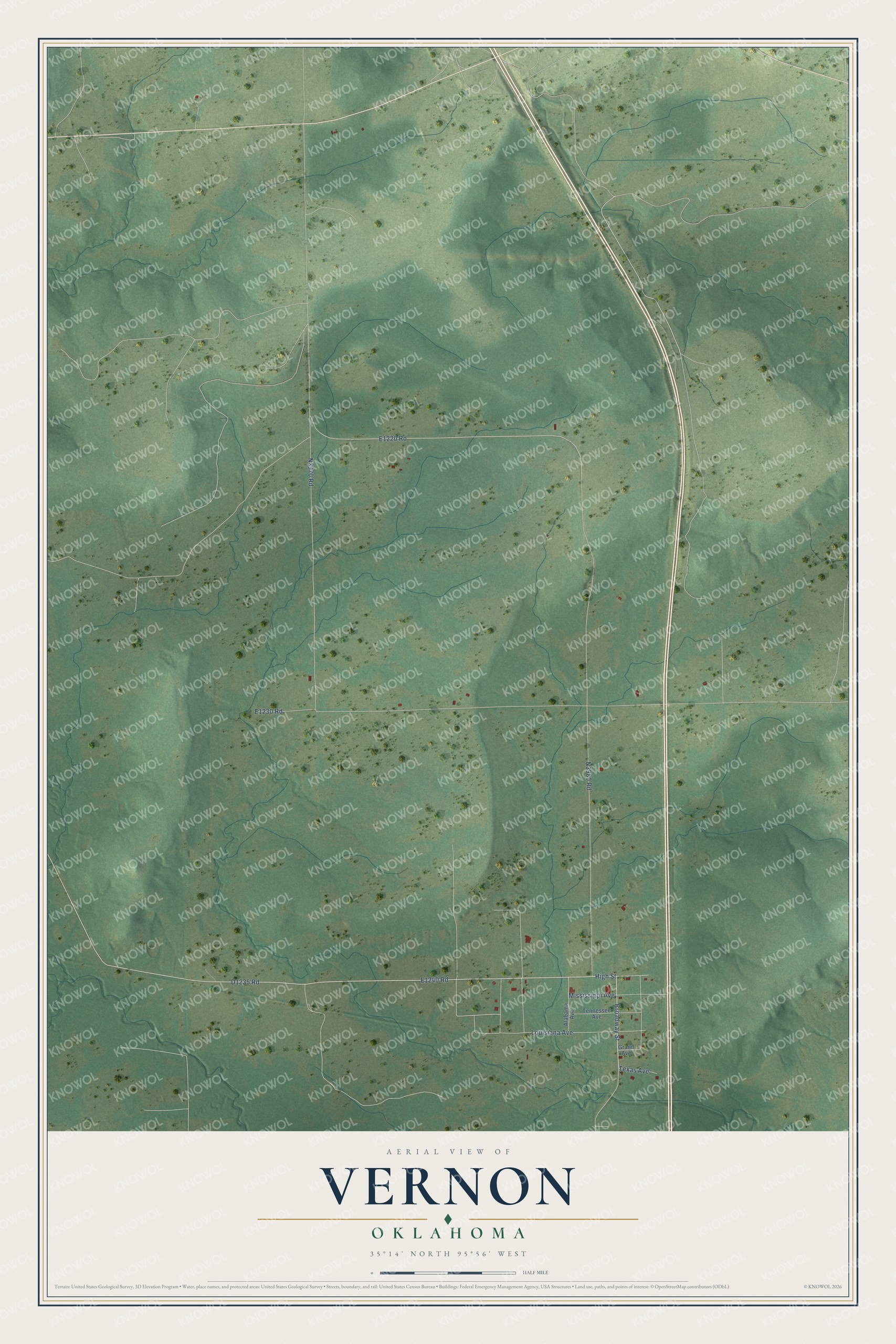 Full map of Vernon, Oklahoma, with red buildings, printed street names and the land around them