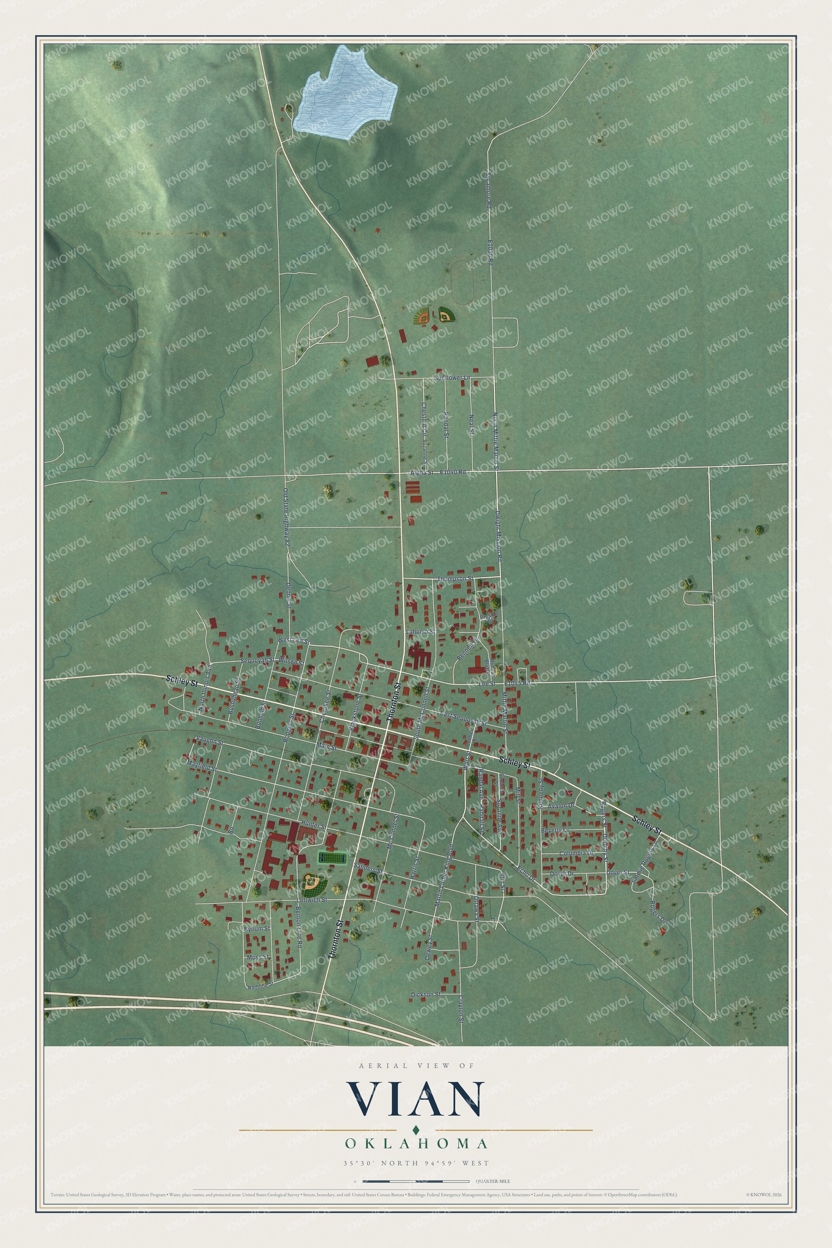 Full map of Vian, Oklahoma, with red buildings, printed street names and the land around them