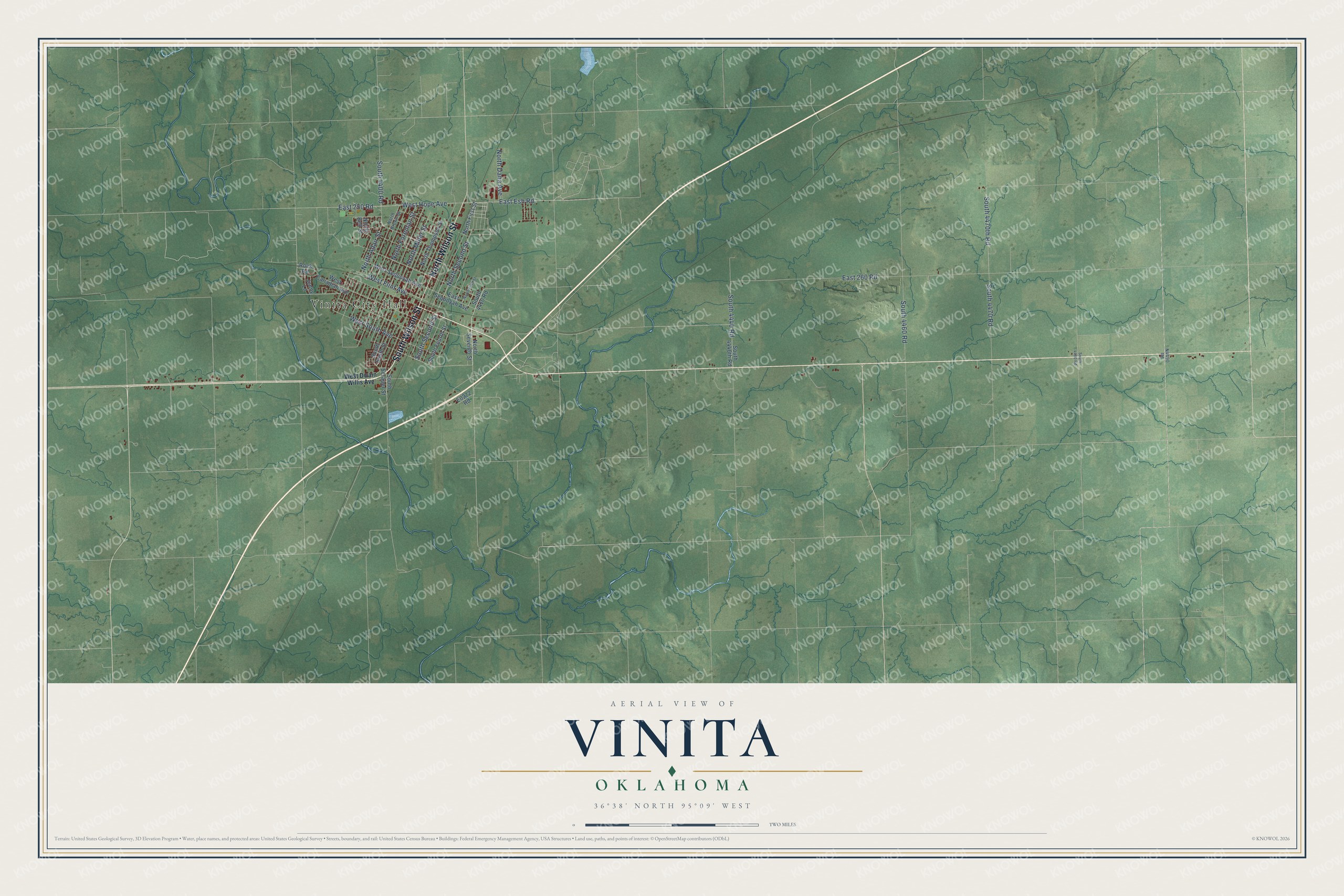 Full map of Vinita, Oklahoma, with red buildings, printed street names and the land around them