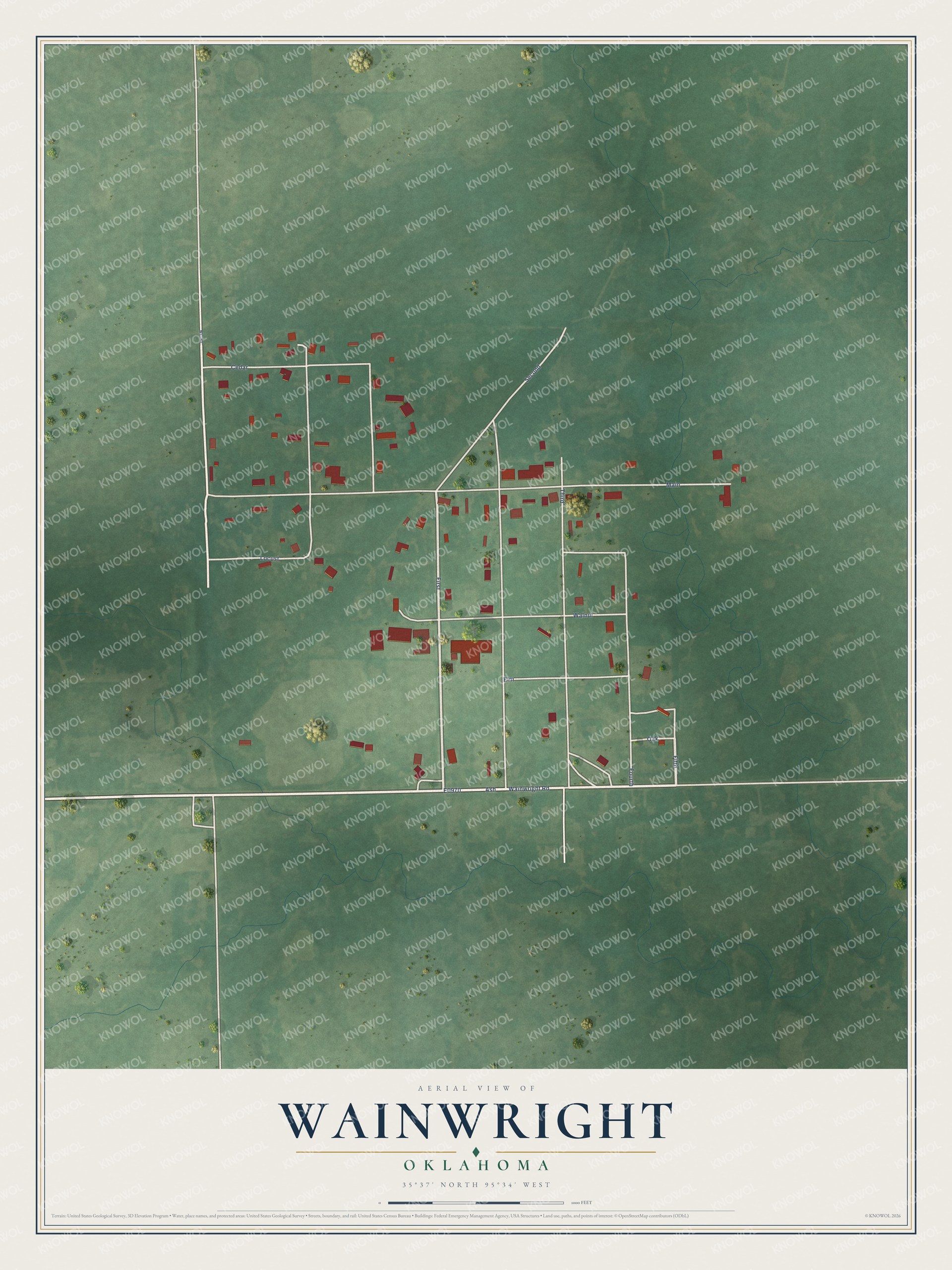 Full map of Wainwright, Oklahoma, with red buildings, printed street names and the land around them