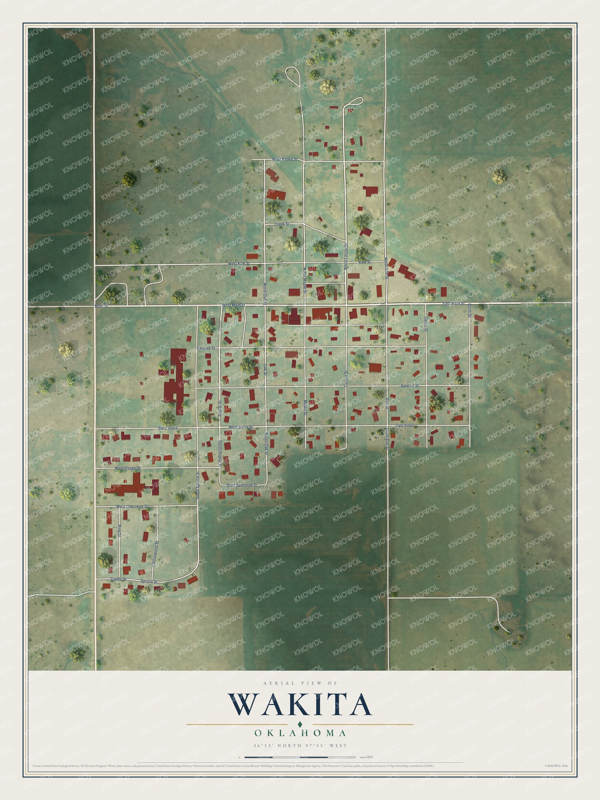 Full map of Wakita, Oklahoma, with red buildings, printed street names and the land around them