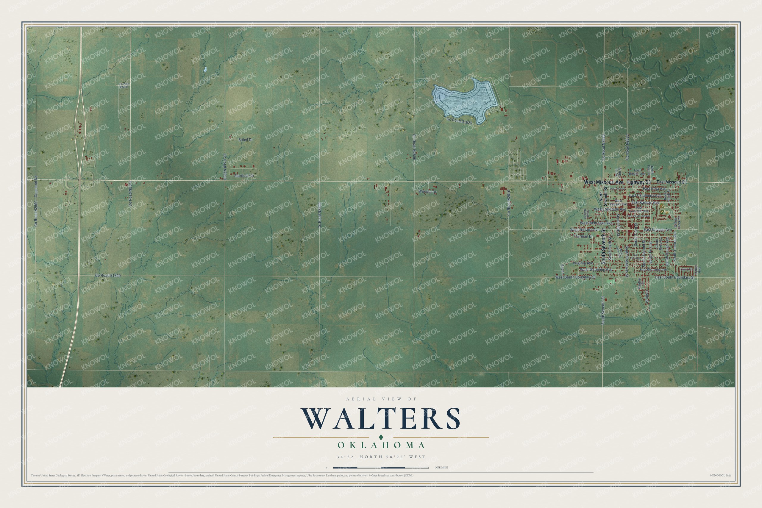 Full map of Walters, Oklahoma, with red buildings, printed street names and the land around them