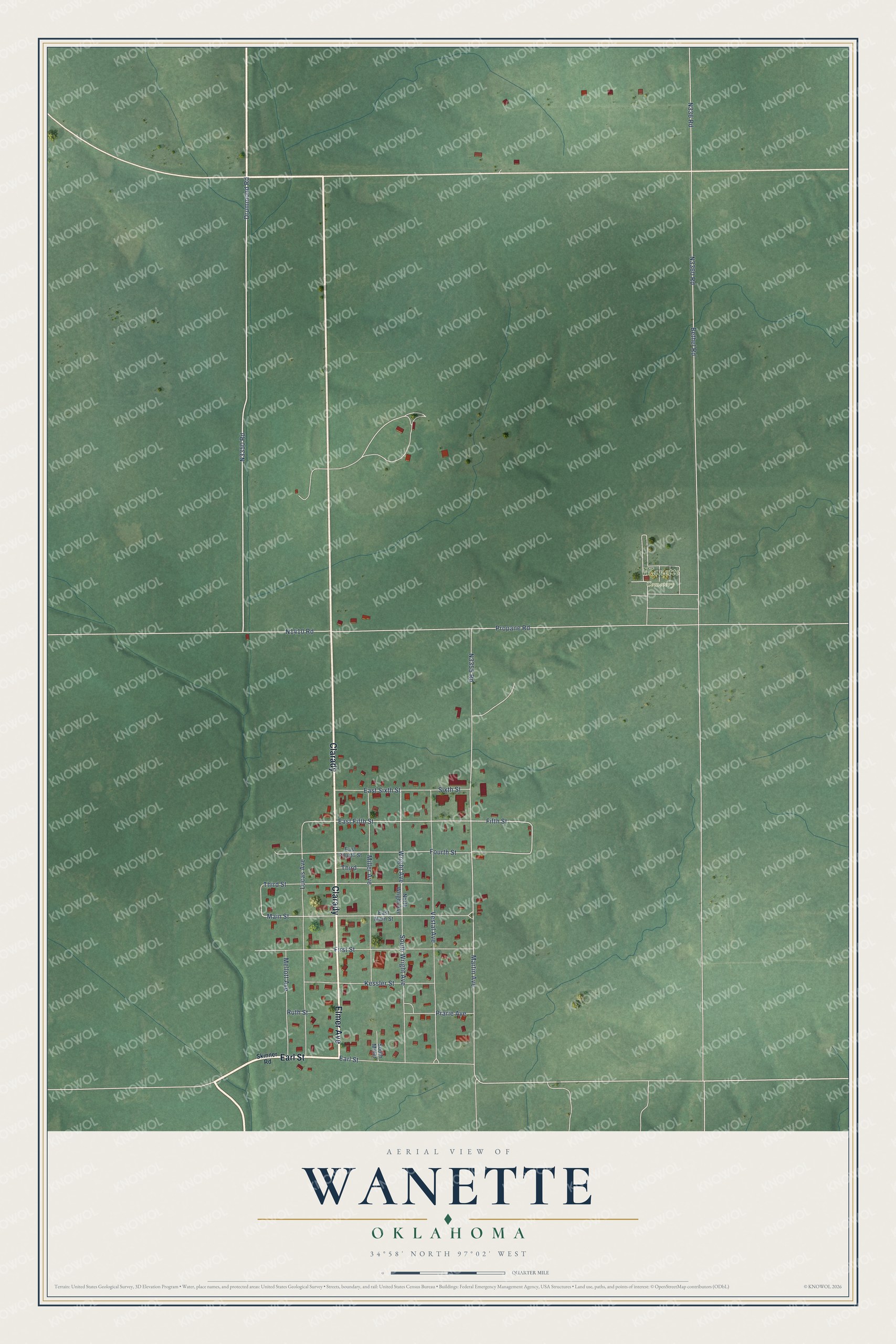 Full map of Wanette, Oklahoma, with red buildings, printed street names and the land around them