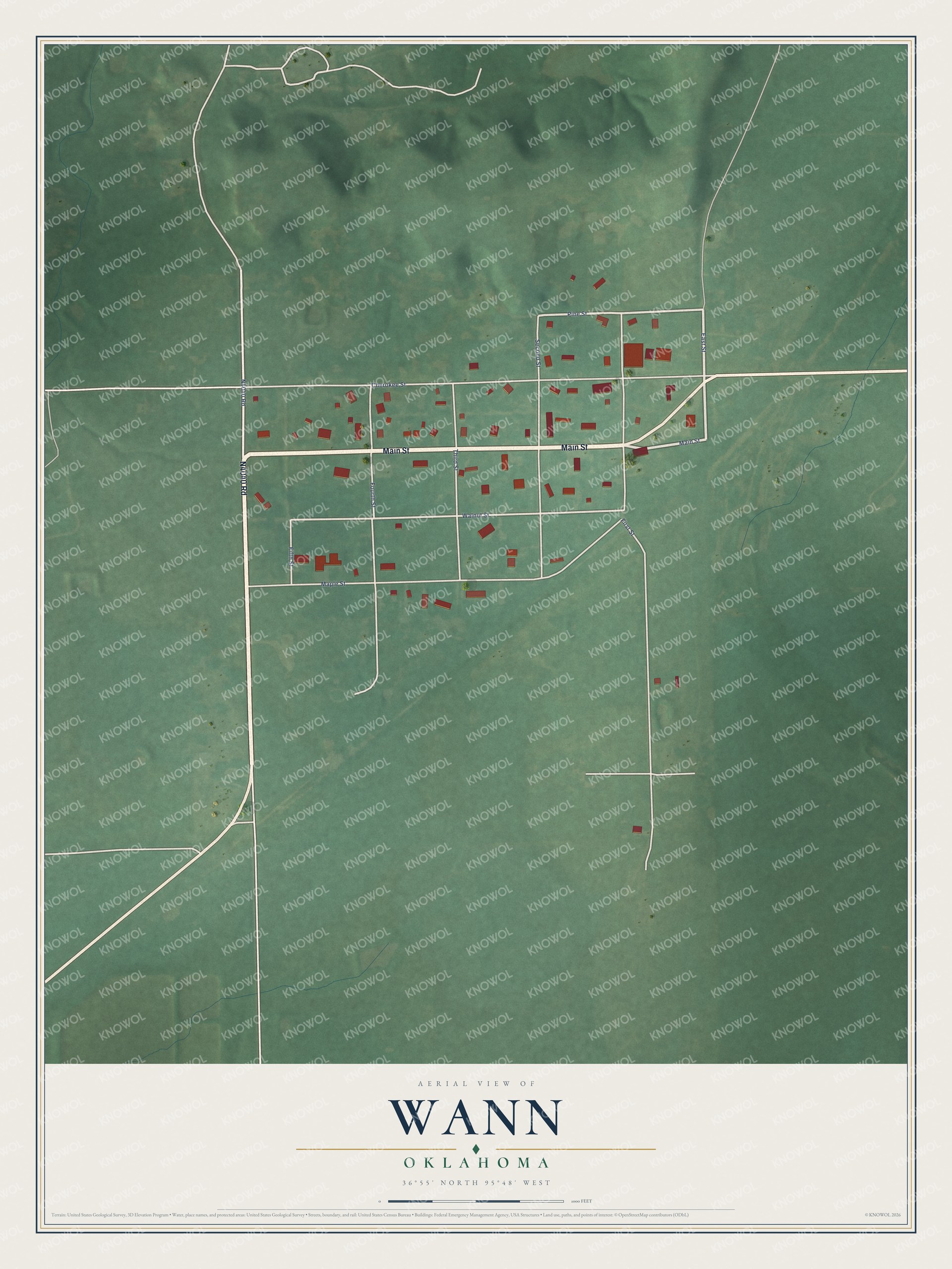 Full map of Wann, Oklahoma, with red buildings, printed street names and the land around them