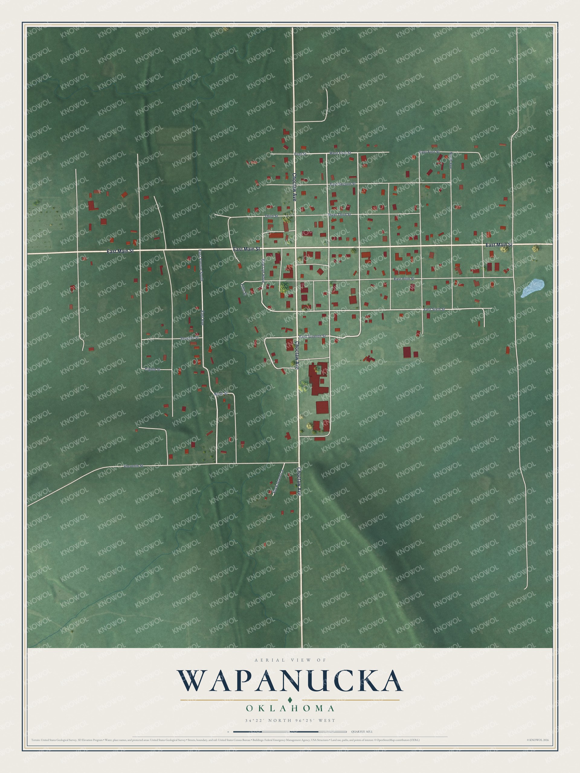 Full map of Wapanucka, Oklahoma, with red buildings, printed street names and the land around them
